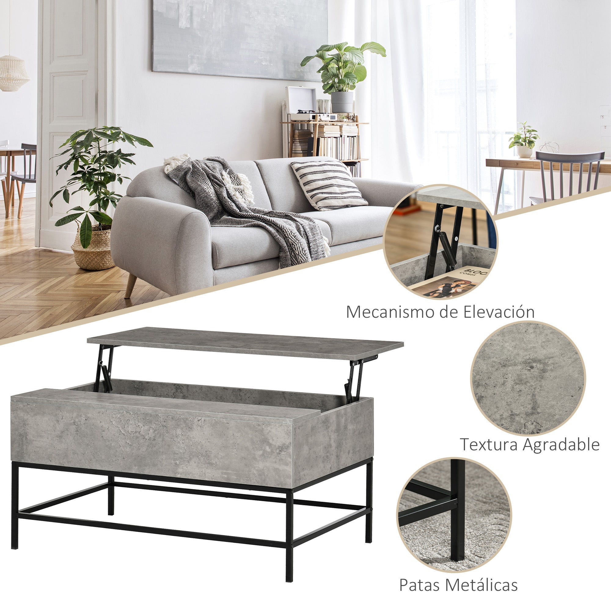 Lift-Top Coffee Table Coffee Table with Hidden Storage Space Lift-Top Table for Living Room Dining Room 90x60.5x45.5 cm Gray Cement