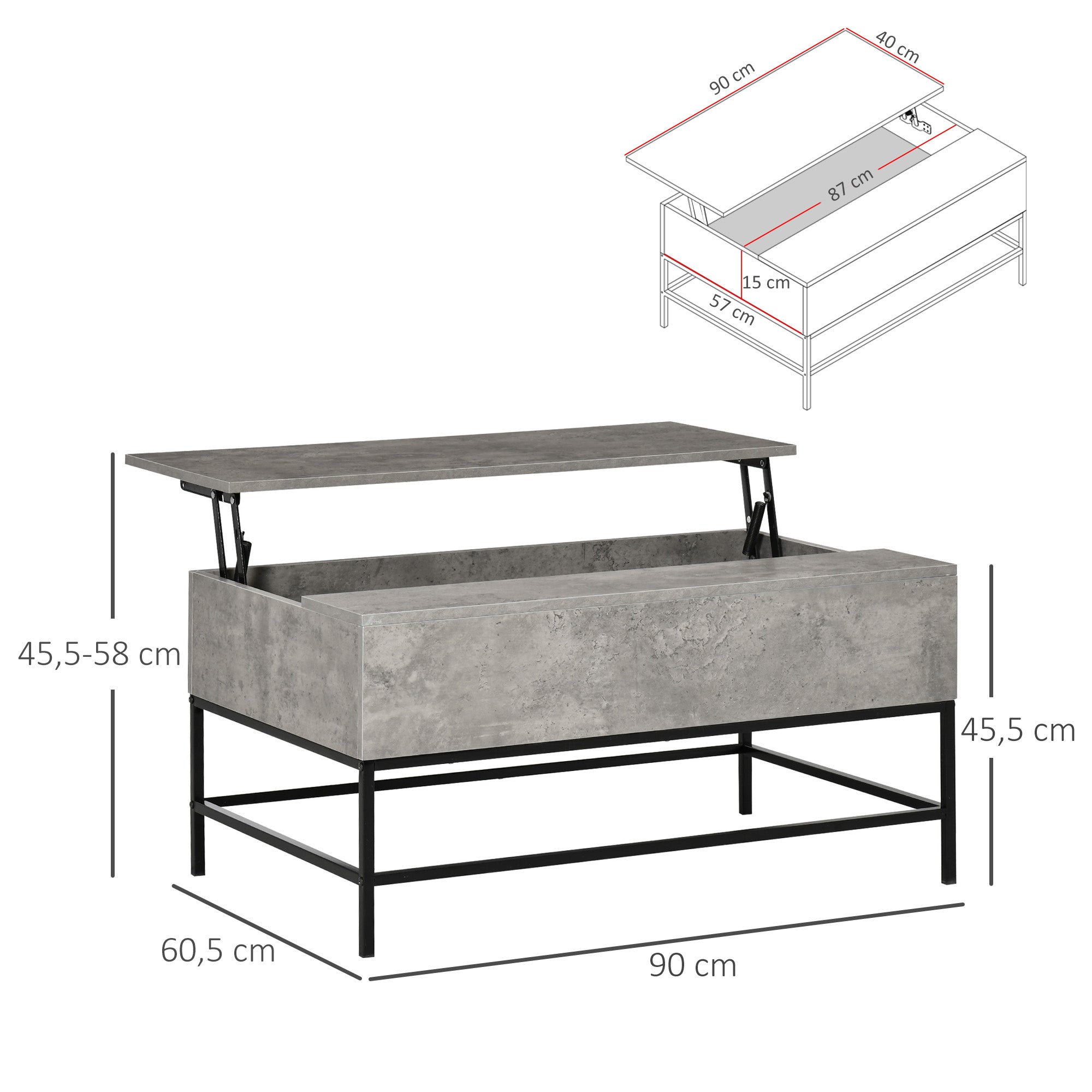 Lift-Top Coffee Table Coffee Table with Hidden Storage Space Lift-Top Table for Living Room Dining Room 90x60.5x45.5 cm Gray Cement