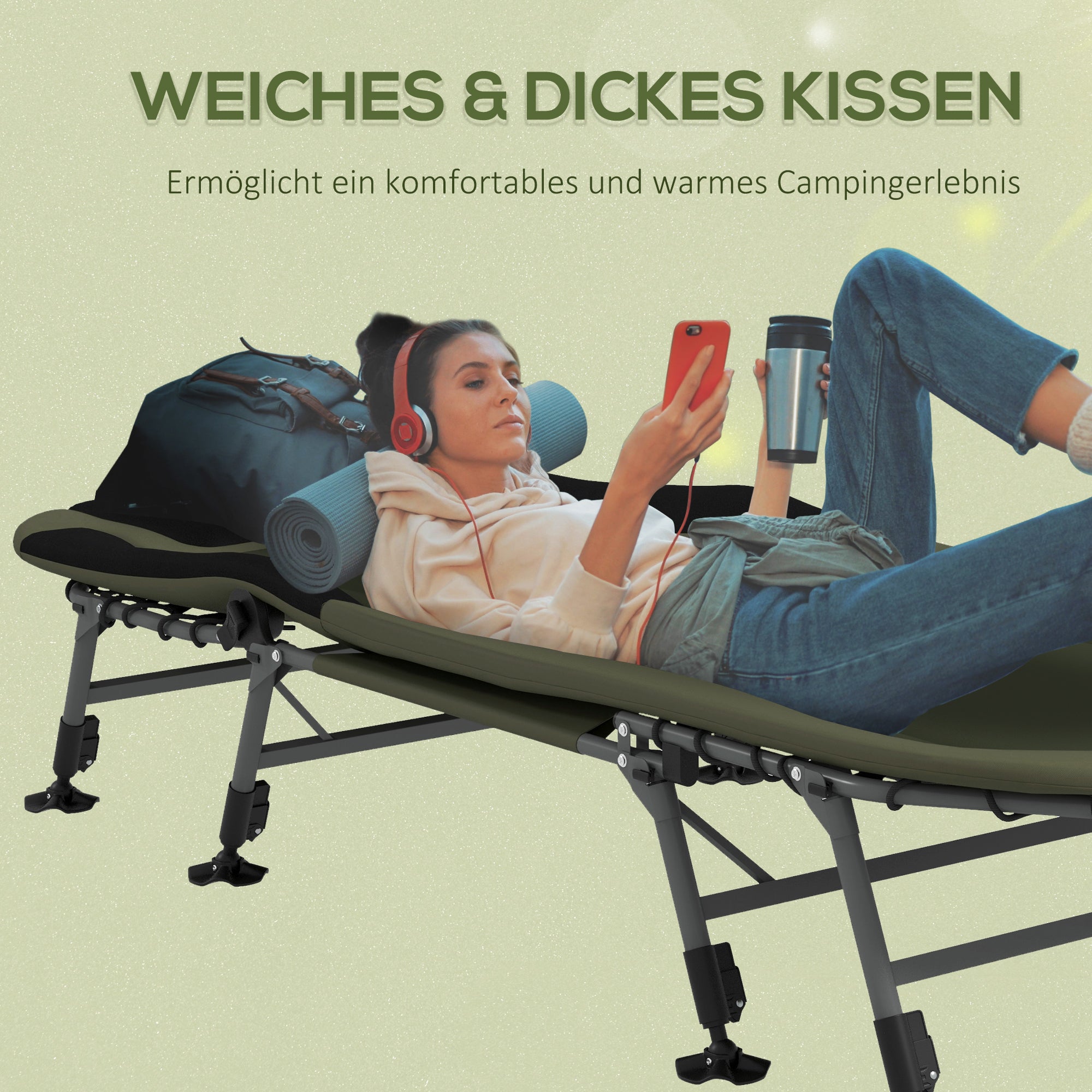 Camping Bed Folding Travel Bed Adjustable Folding Bed up to 180 kg Capacity for Outdoor Oxford Green