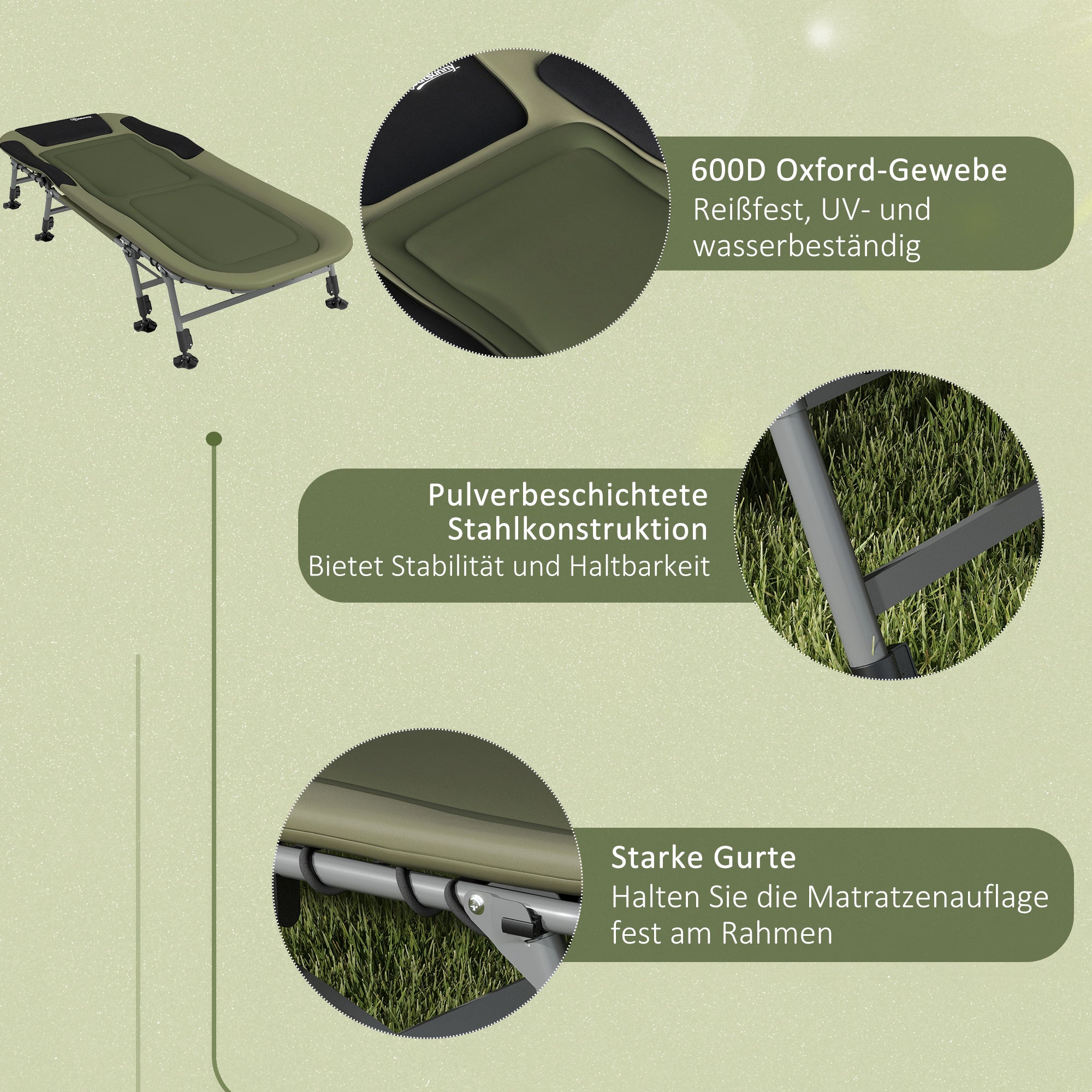Camping Bed Folding Travel Bed Adjustable Folding Bed up to 180 kg Capacity for Outdoor Oxford Green