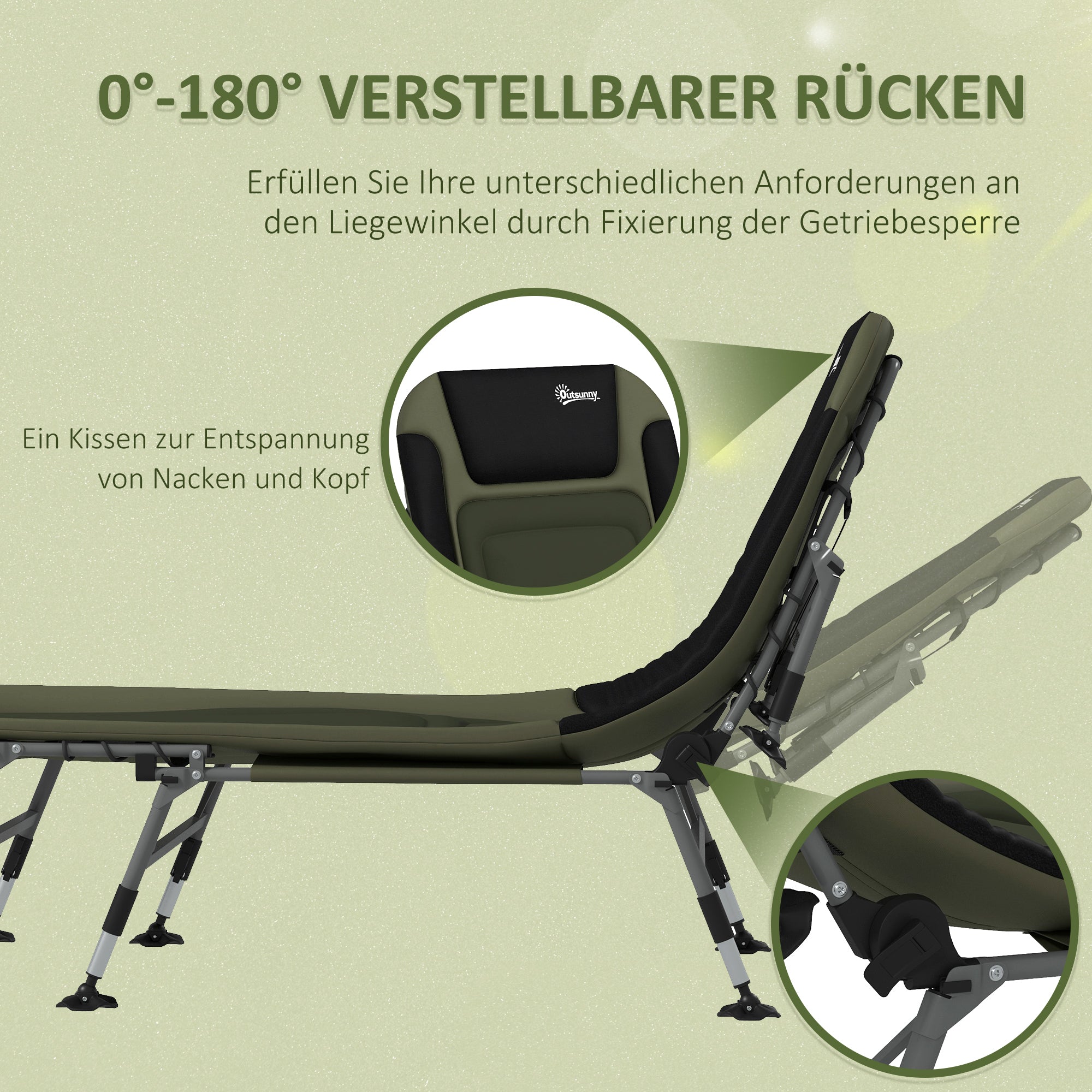 Camping Bed Folding Travel Bed Adjustable Folding Bed up to 180 kg Capacity for Outdoor Oxford Green