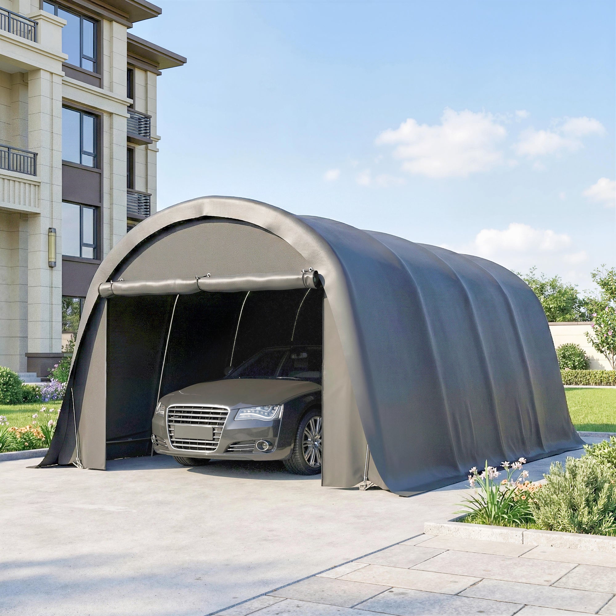 3 x 6 m Carport Garage Tent – Waterproof Storage Shelter with Removable Sidewalls, Large Roll-Up Zipper Door, Curved Roof, UPF50+, Winterproof, UV-Resistant — Dark Gray