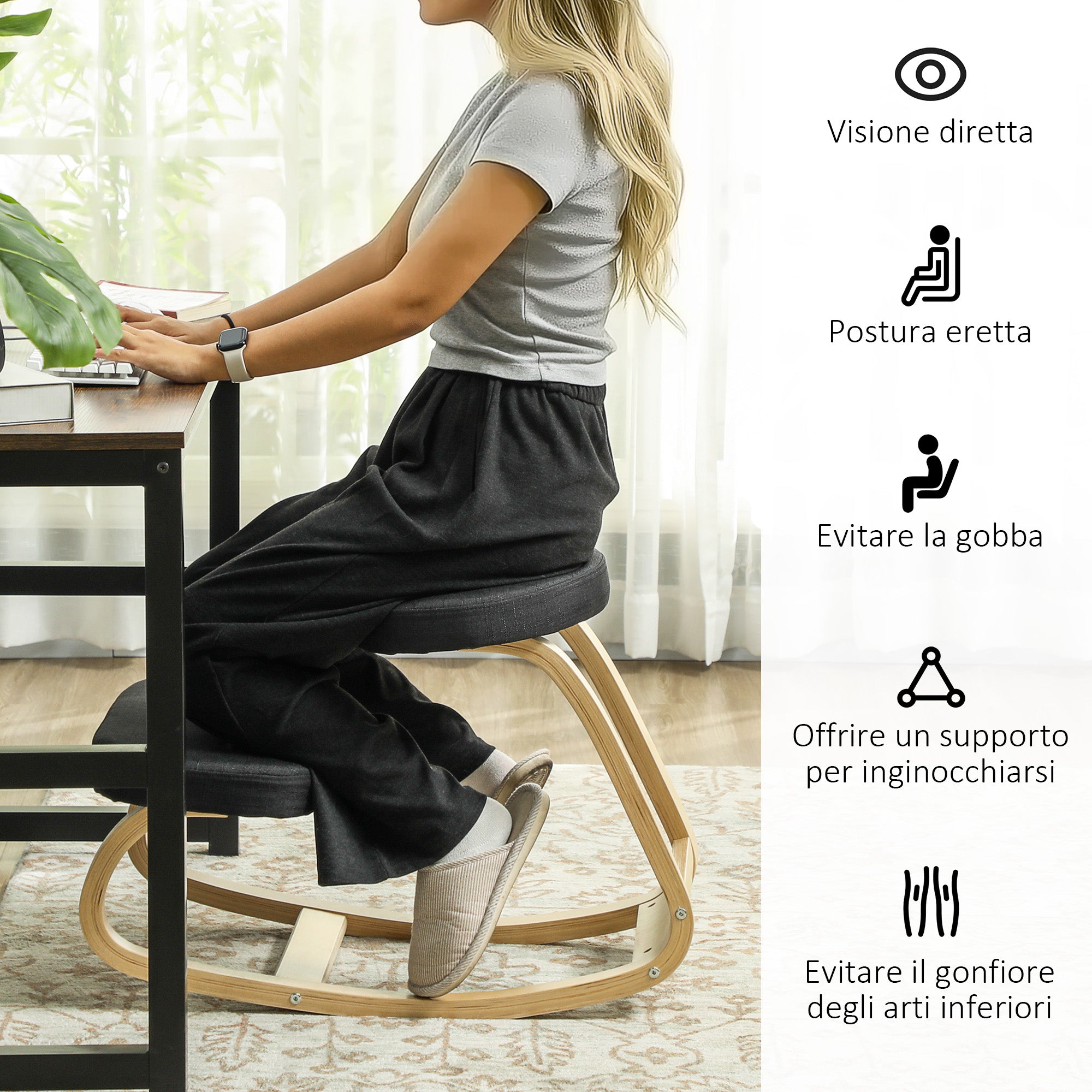 Ergonomic Rocking Kneeling Chair in Linen Effect Fabric and Birch Wood, 50x73x55 cm, Black