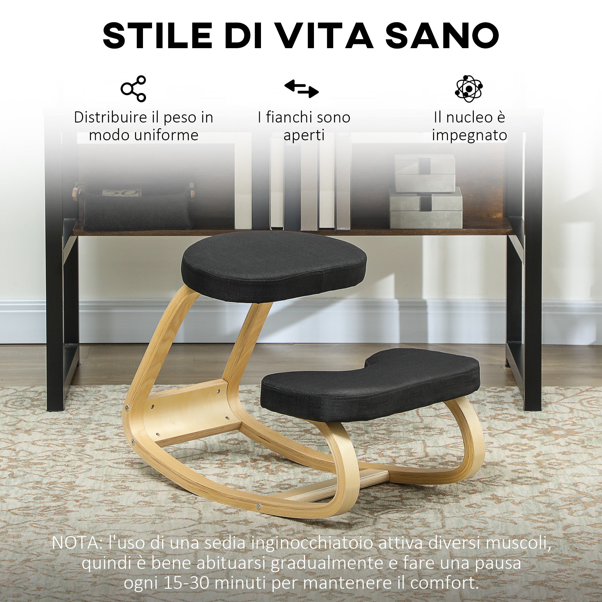 Ergonomic Rocking Kneeling Chair in Linen Effect Fabric and Birch Wood, 50x73x55 cm, Black