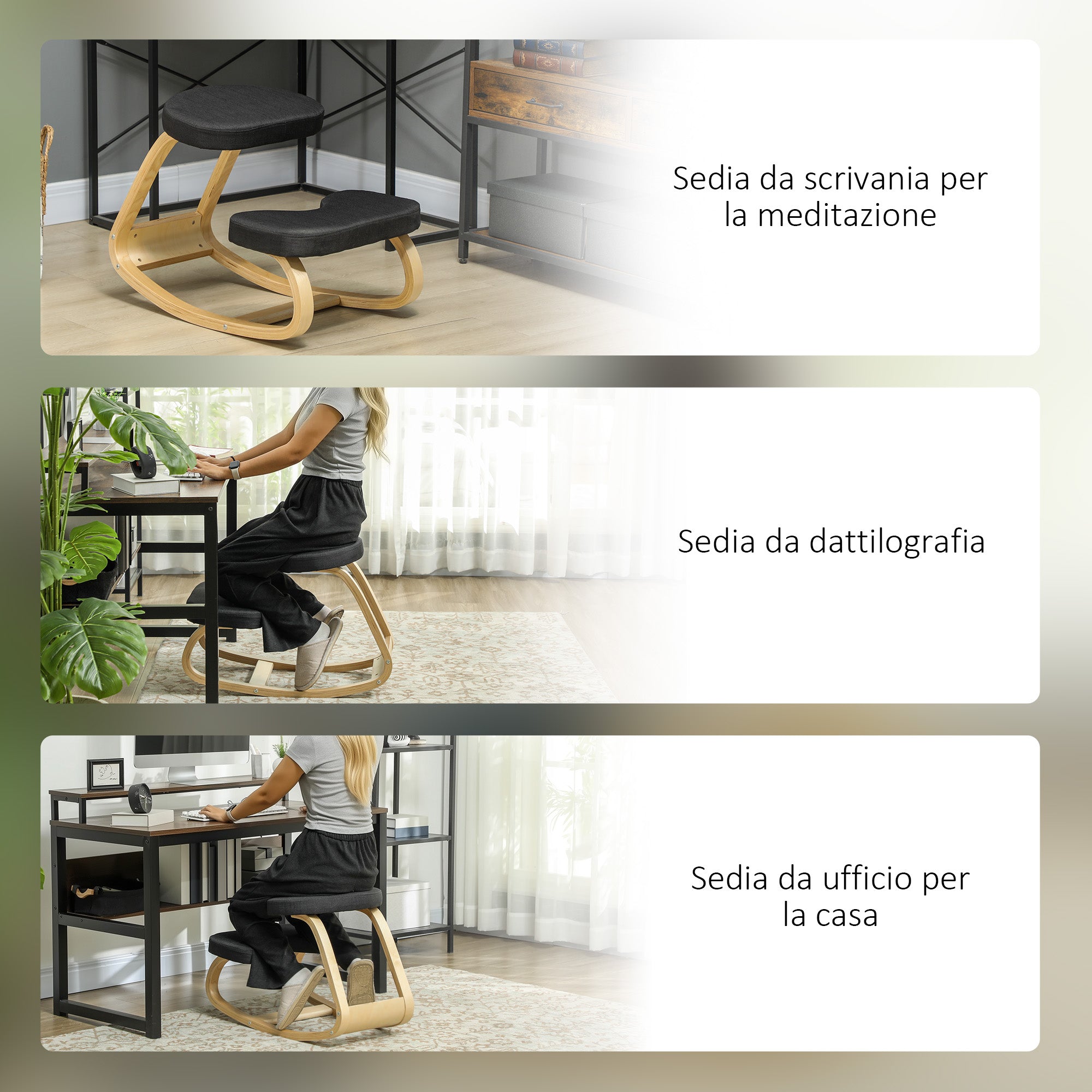 Ergonomic Rocking Kneeling Chair in Linen Effect Fabric and Birch Wood, 50x73x55 cm, Black