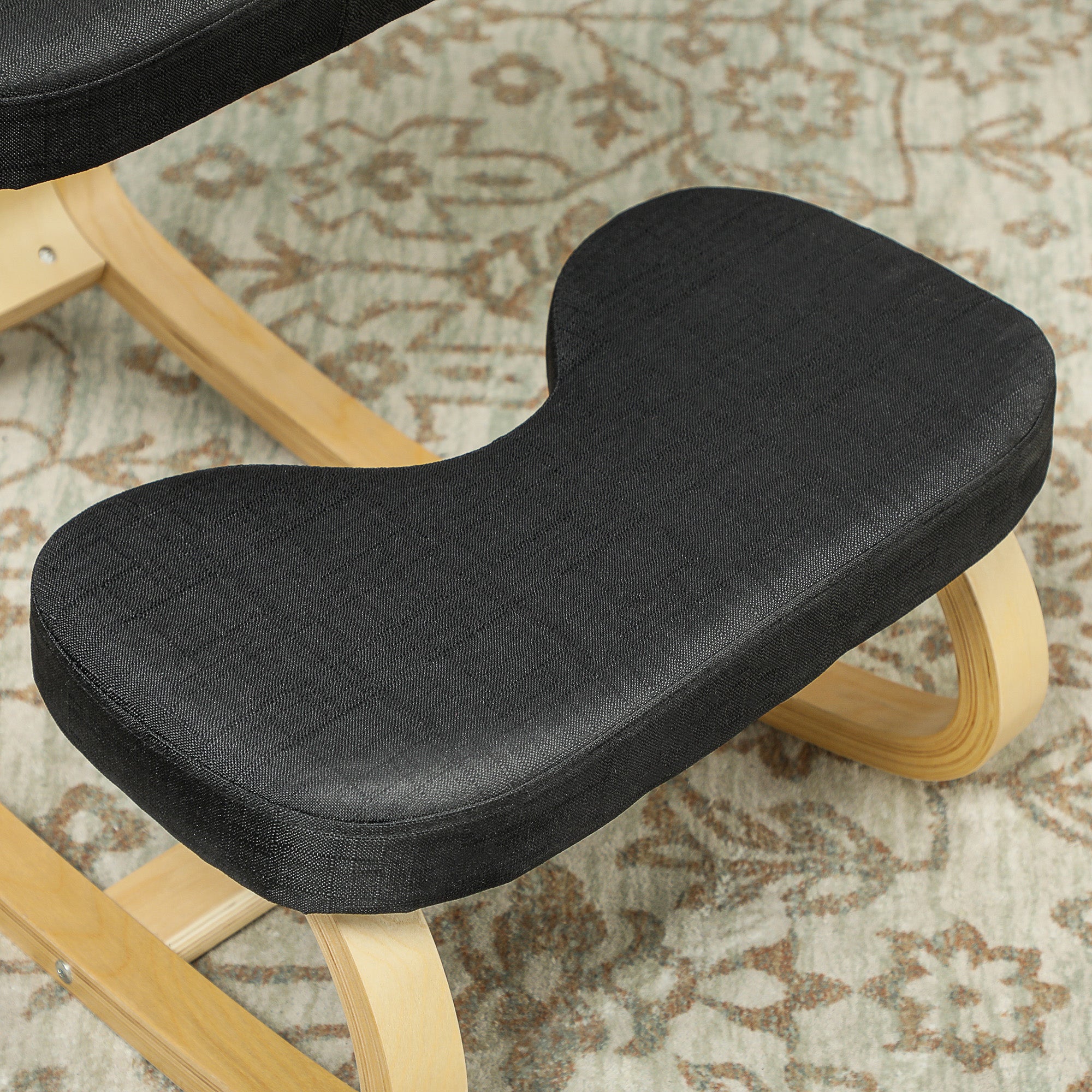 Ergonomic Rocking Kneeling Chair in Linen Effect Fabric and Birch Wood, 50x73x55 cm, Black
