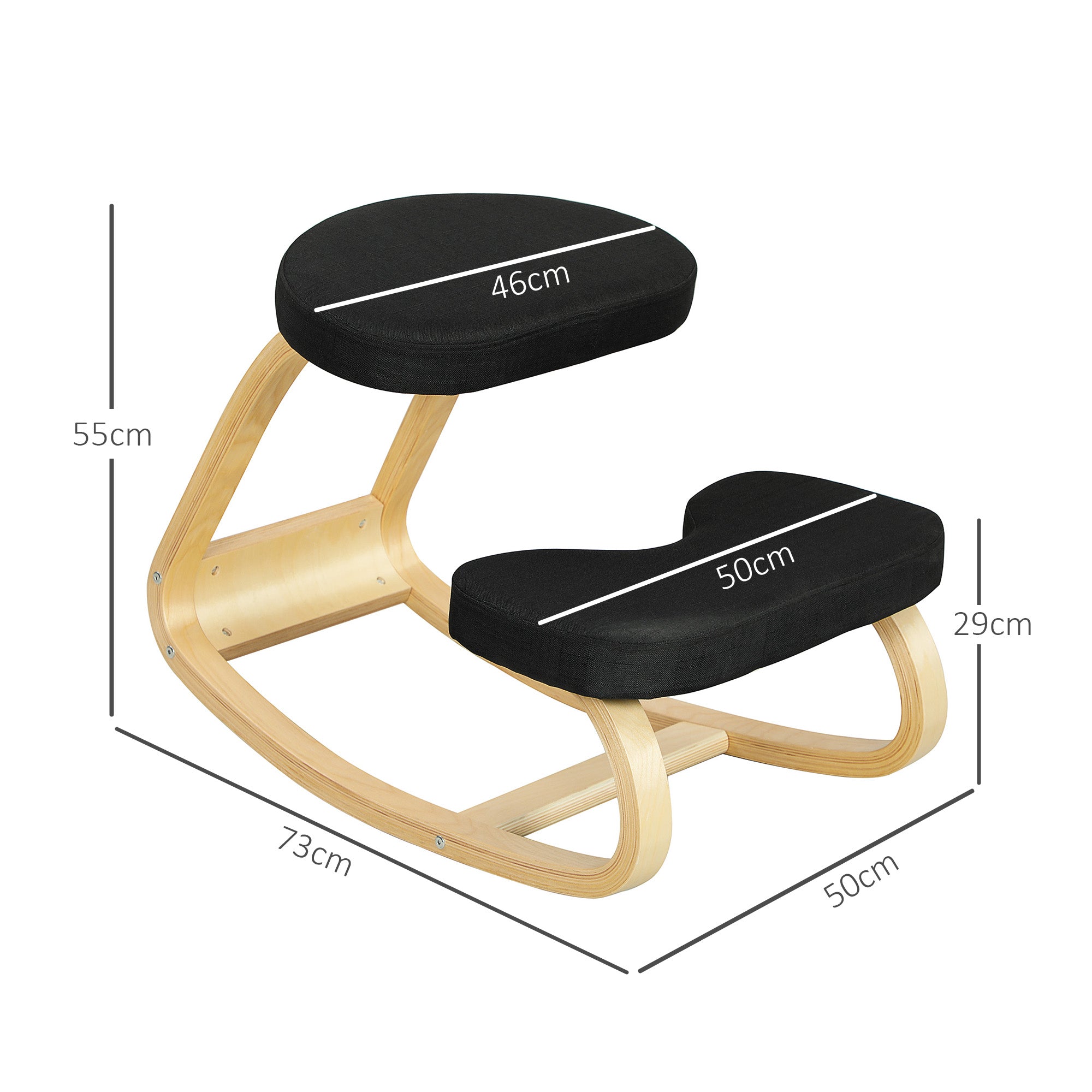 Ergonomic Rocking Kneeling Chair in Linen Effect Fabric and Birch Wood, 50x73x55 cm, Black