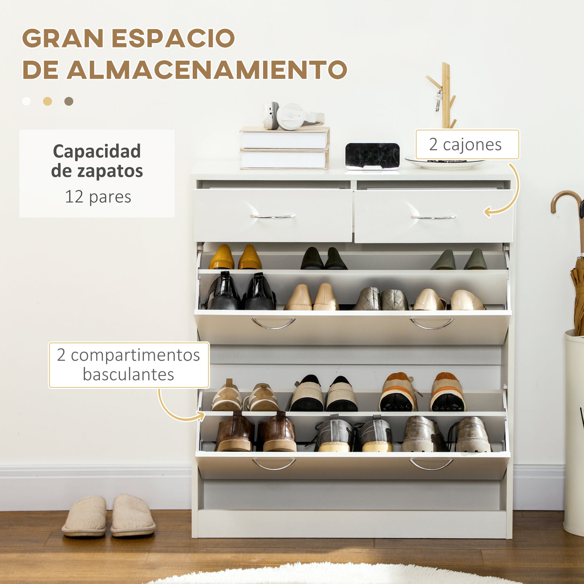 Narrow Shoe Cabinet Shoe Rack for Entryway with 2 Flip-Down Drawers and 2 Removable Drawers for 12 Pairs of Shoes for Hallway 80x30x91.5 cm White