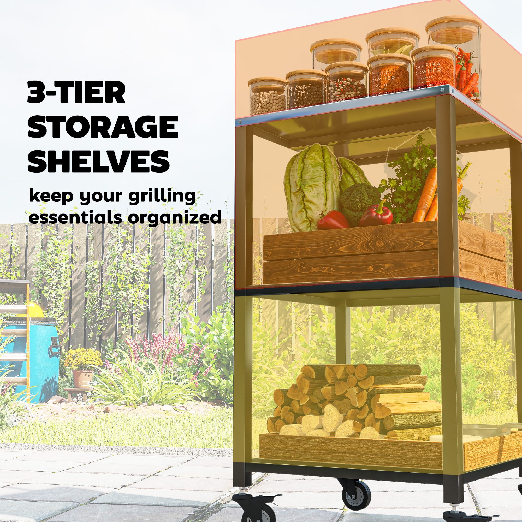 3-Tier BBQ Cart with Stainless Steel Worktop, Mobile Serving Trolley for Outdoor Grilling, 19.7 x 19.7 x 35.4 in, Black