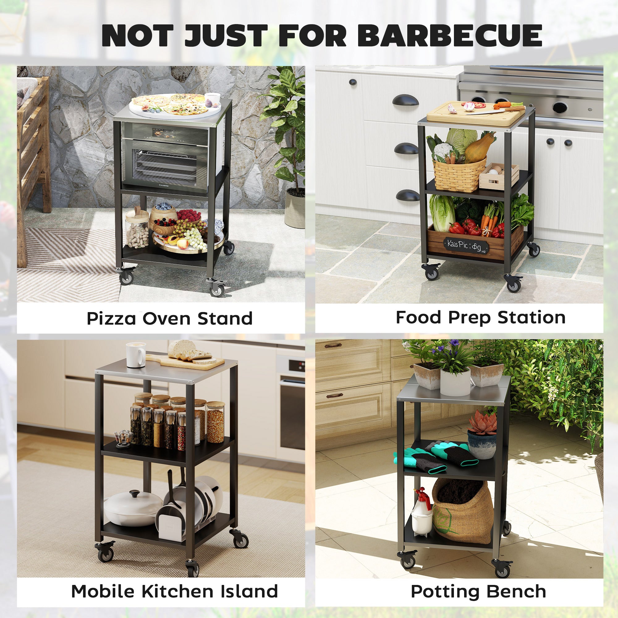 3-Tier BBQ Cart with Stainless Steel Worktop, Mobile Serving Trolley for Outdoor Grilling, 19.7 x 19.7 x 35.4 in, Black
