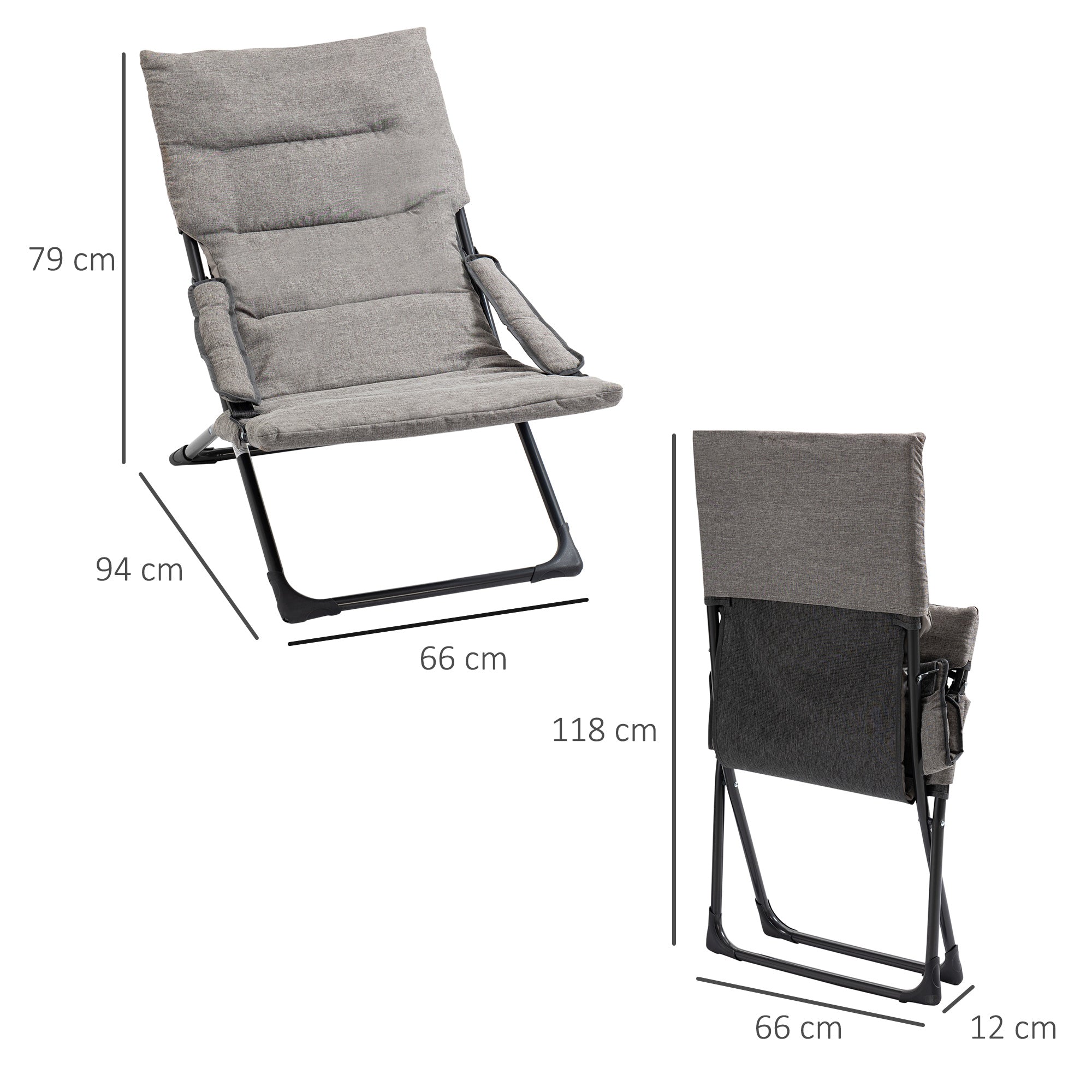 Metal Garden Chair Folding Chair with Removable Padding Weatherproof Foldable Camping Chair Sun Lounger 120kg Capacity Seating Furniture for Garden Terrace Balcony 66W x 94D x 79H cm Gray
