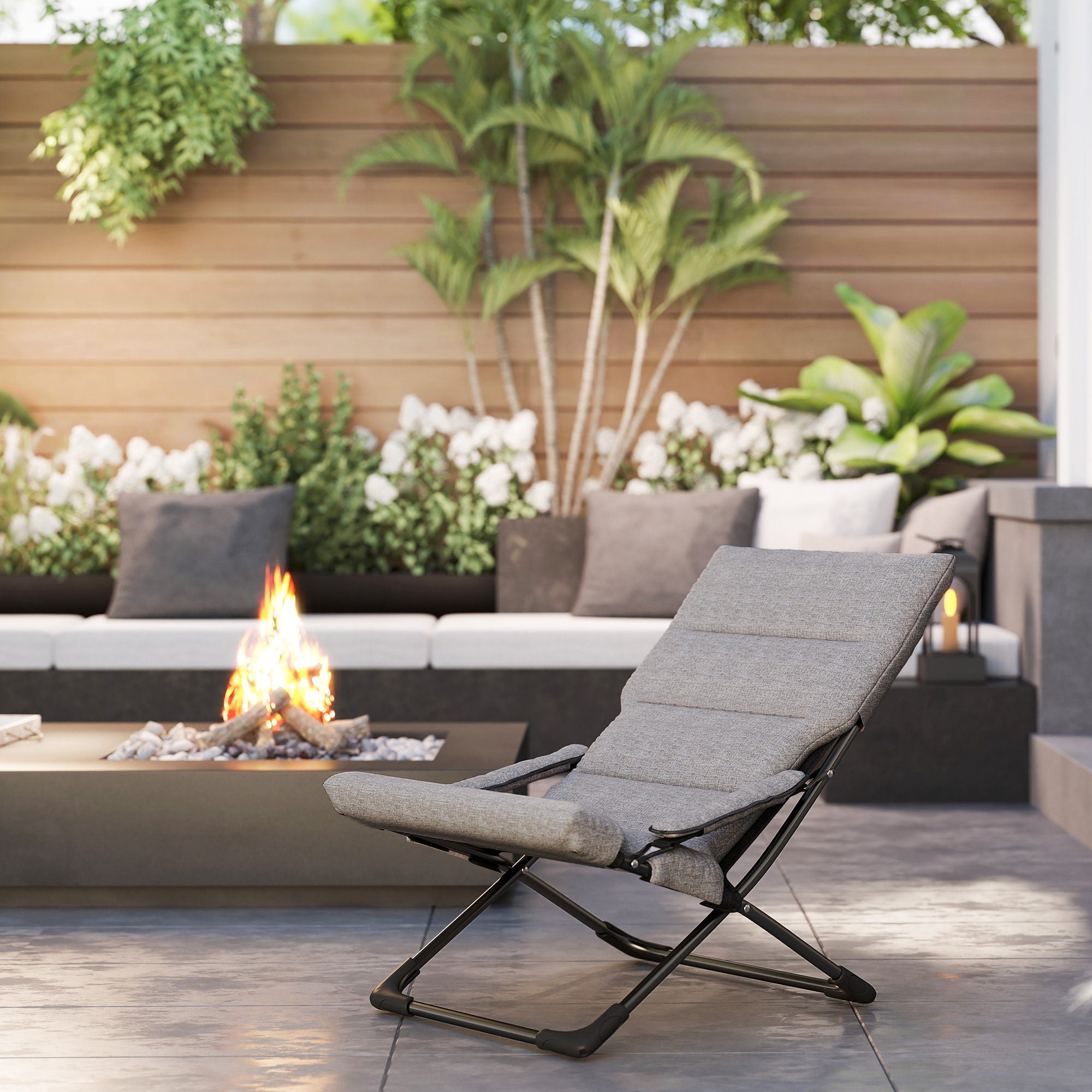 Metal Garden Chair Folding Chair with Removable Padding Weatherproof Foldable Camping Chair Sun Lounger 120kg Capacity Seating Furniture for Garden Terrace Balcony 66W x 94D x 79H cm Gray