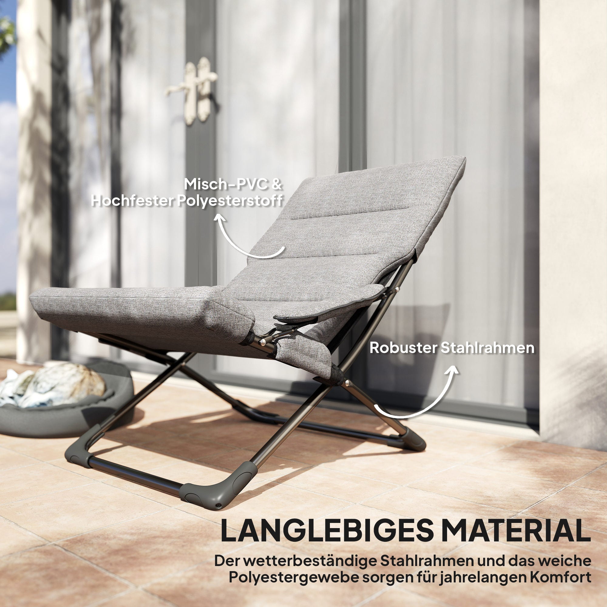 Metal Garden Chair Folding Chair with Removable Padding Weatherproof Foldable Camping Chair Sun Lounger 120kg Capacity Seating Furniture for Garden Terrace Balcony 66W x 94D x 79H cm Gray