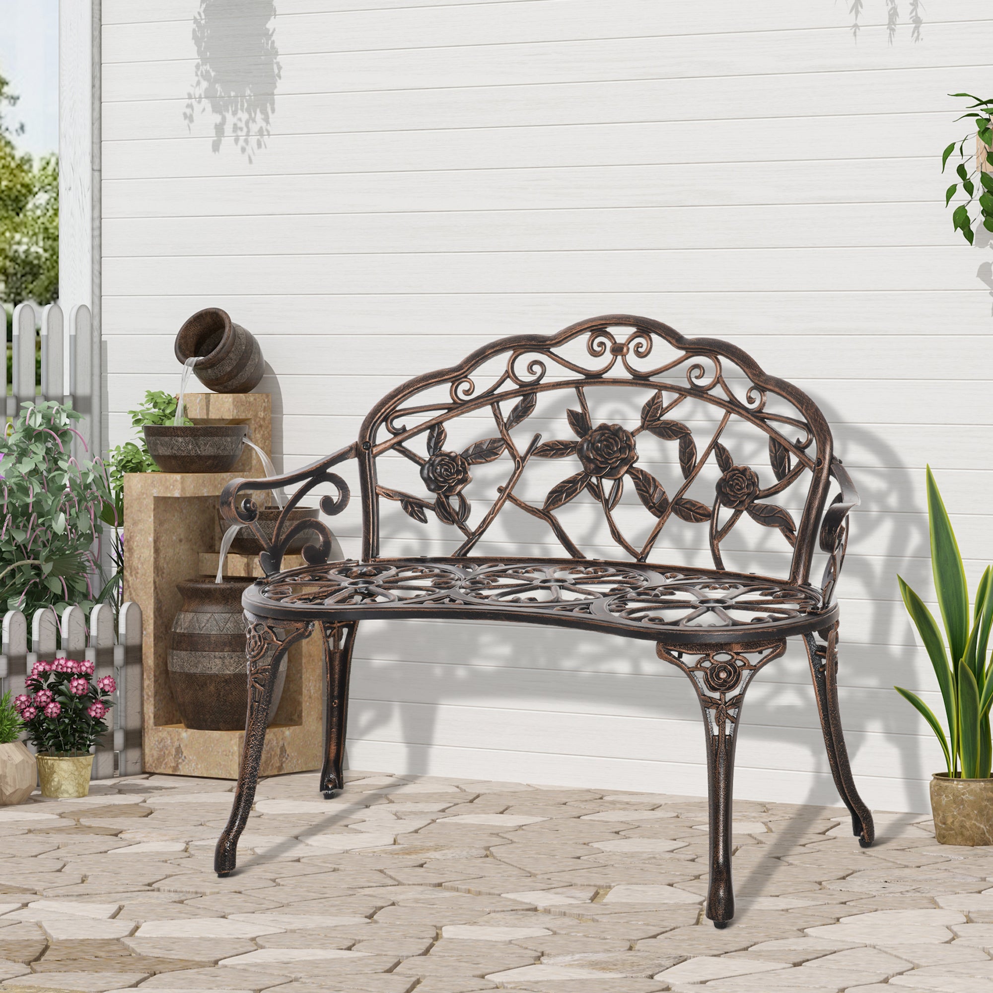 2-Seat Metal Garden Bench, Vintage Floral Park Bench, Bronze