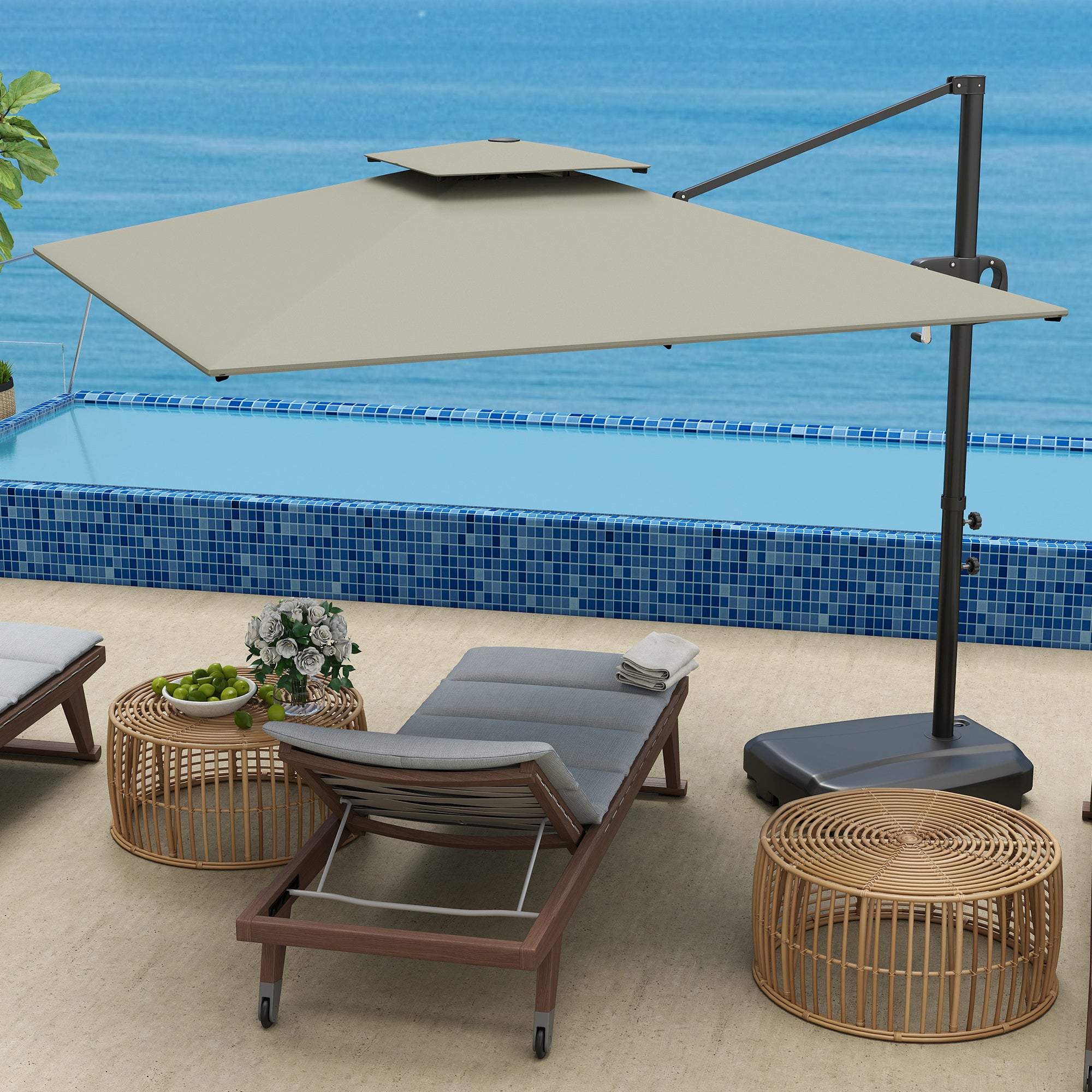Cantilever Side Umbrella 247 x 247 x 268 cm (97.2 x 97.2 x 105.5 in) — Tilt, Crank, Double Vent, Water-Fillable Base, Water-Resistant, UV Protection, Light Gray