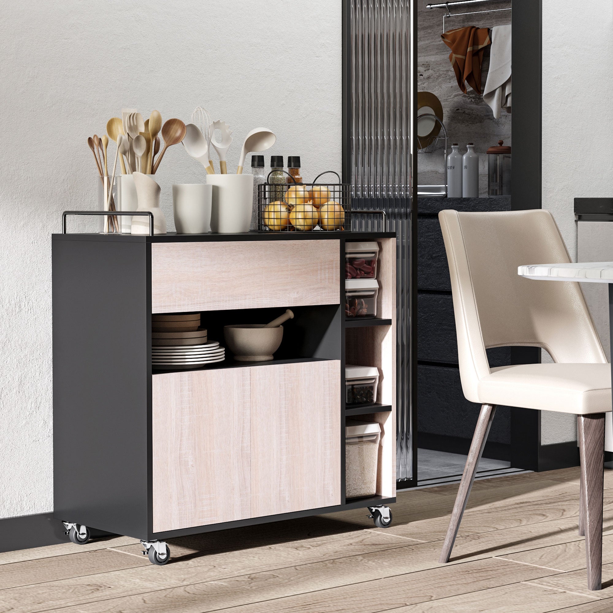 Kitchen Trolley Cart with Double Door Cupboard + 3 Shelves + Niche + Sliding Drawer Particle Board Black Oak