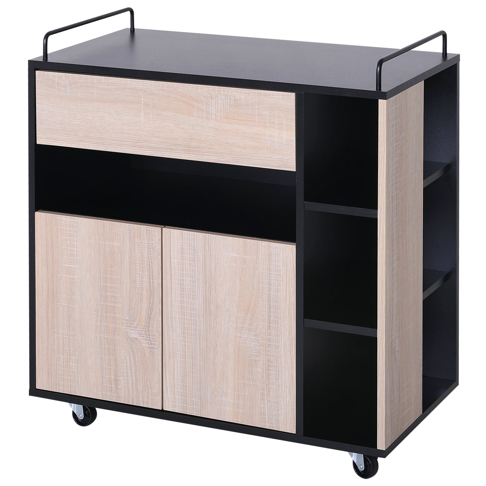 Kitchen Trolley Cart with Double Door Cupboard + 3 Shelves + Niche + Sliding Drawer Particle Board Black Oak