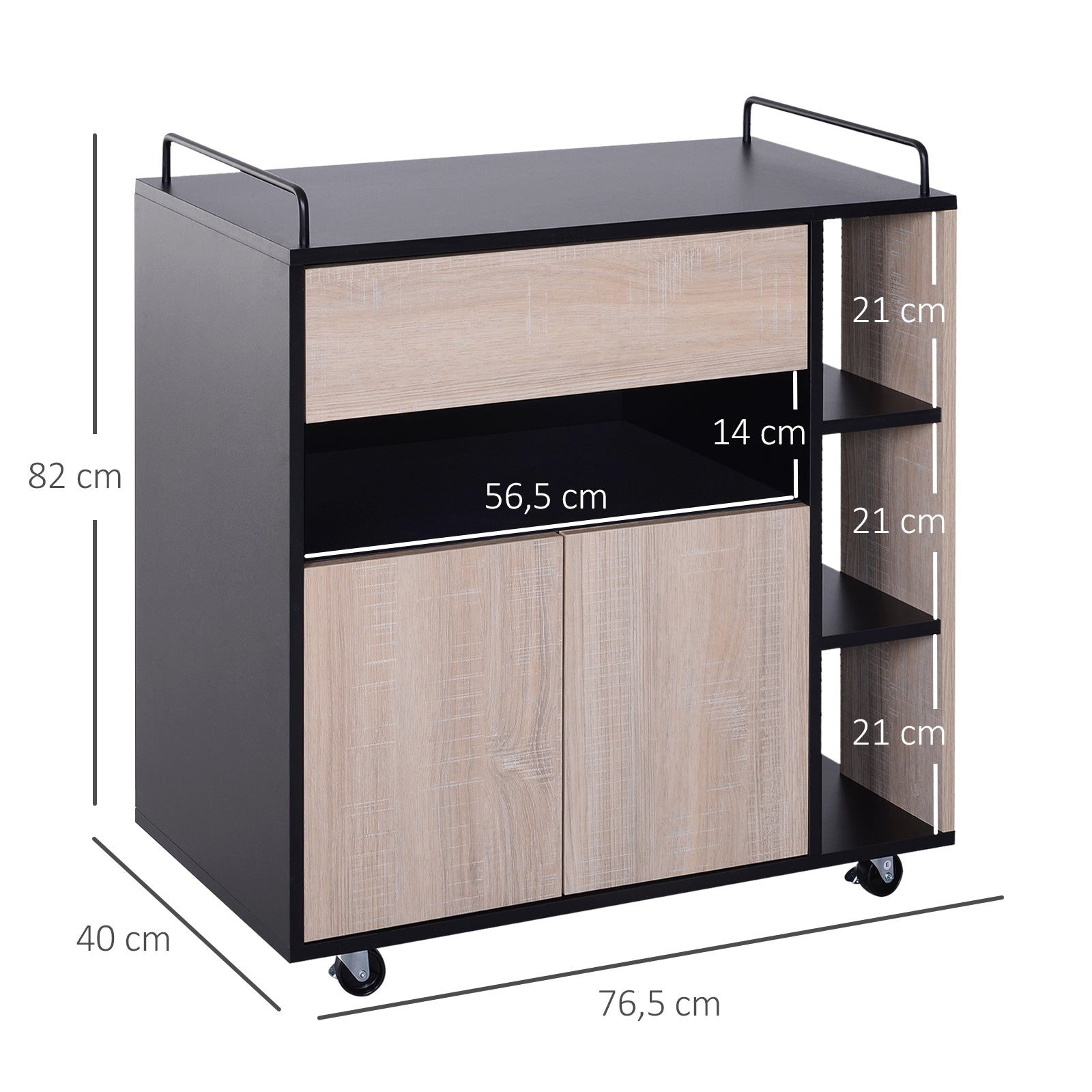Kitchen Trolley Cart with Double Door Cupboard + 3 Shelves + Niche + Sliding Drawer Particle Board Black Oak