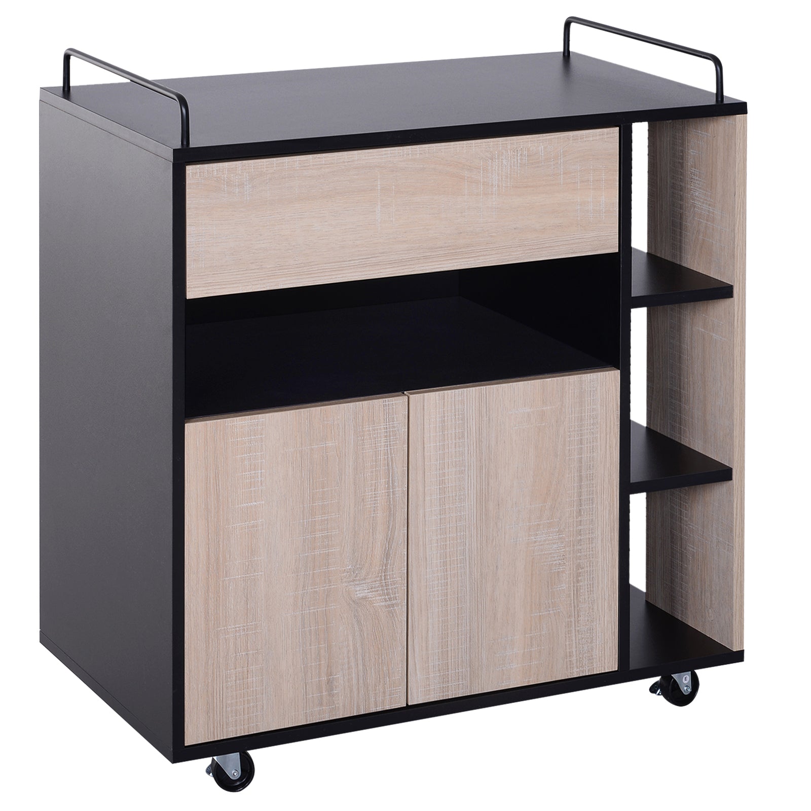 Kitchen Trolley Cart with Double Door Cupboard + 3 Shelves + Niche + Sliding Drawer Particle Board Black Oak