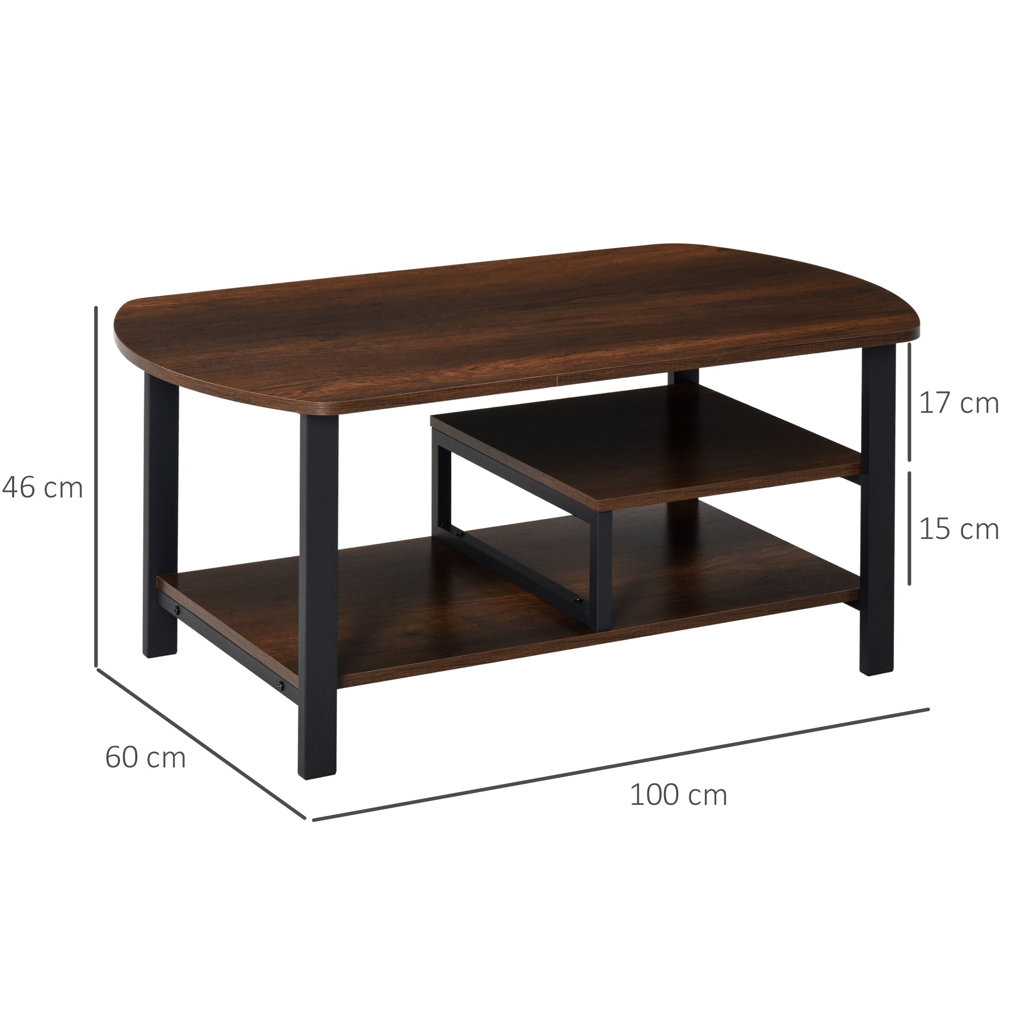 Coffee Table, Living Room Table, Coffee Table with Shelves for Office, Living Room, Bedroom, Industrial Style, E1 Particle Board, Steel, Brown, 100L x 60W x 46H cm