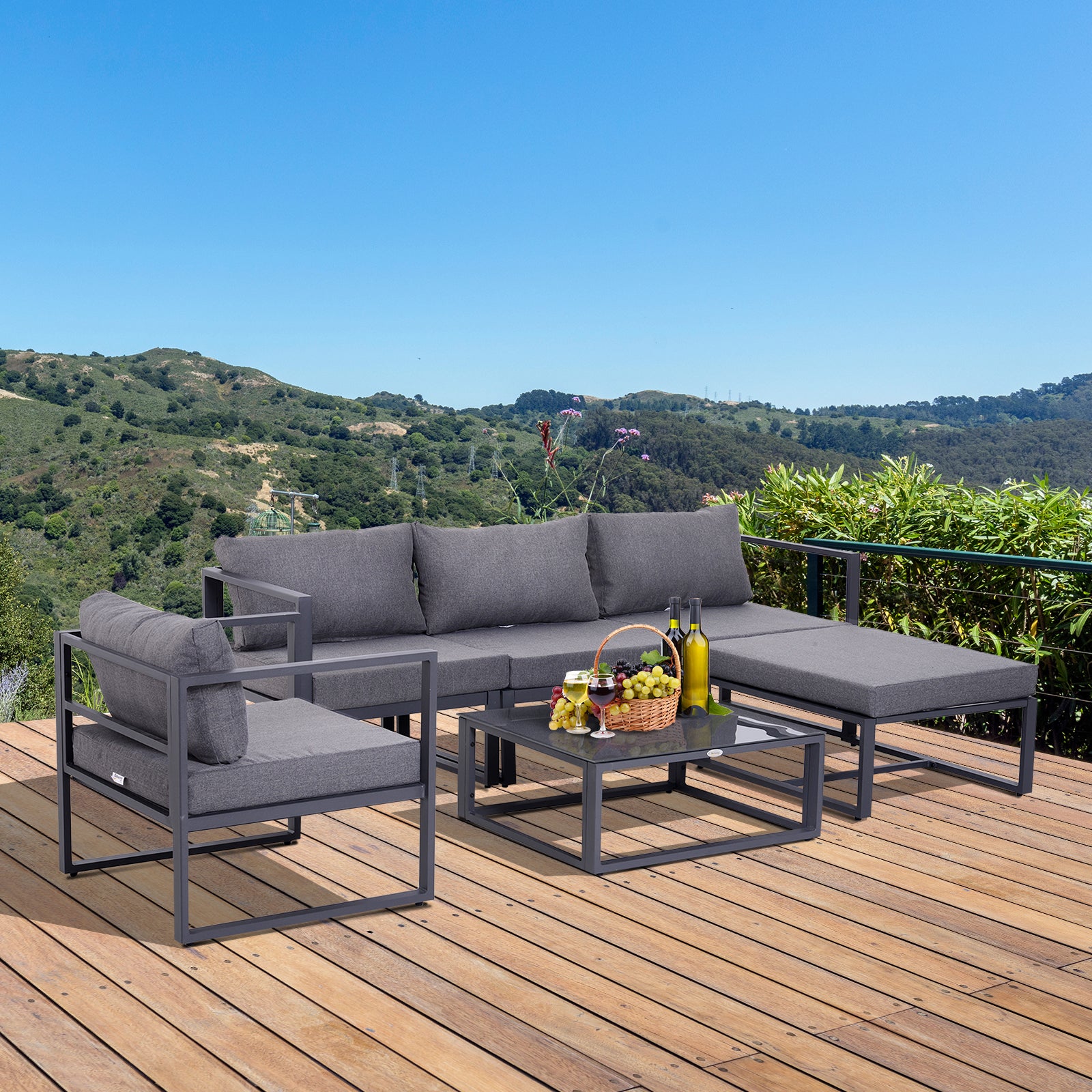 6-piece Garden Set Garden Furniture Lounge Set Patio Furniture Aluminum + Polyester + Tempered Glass Grey with Cushions for 4-5 People