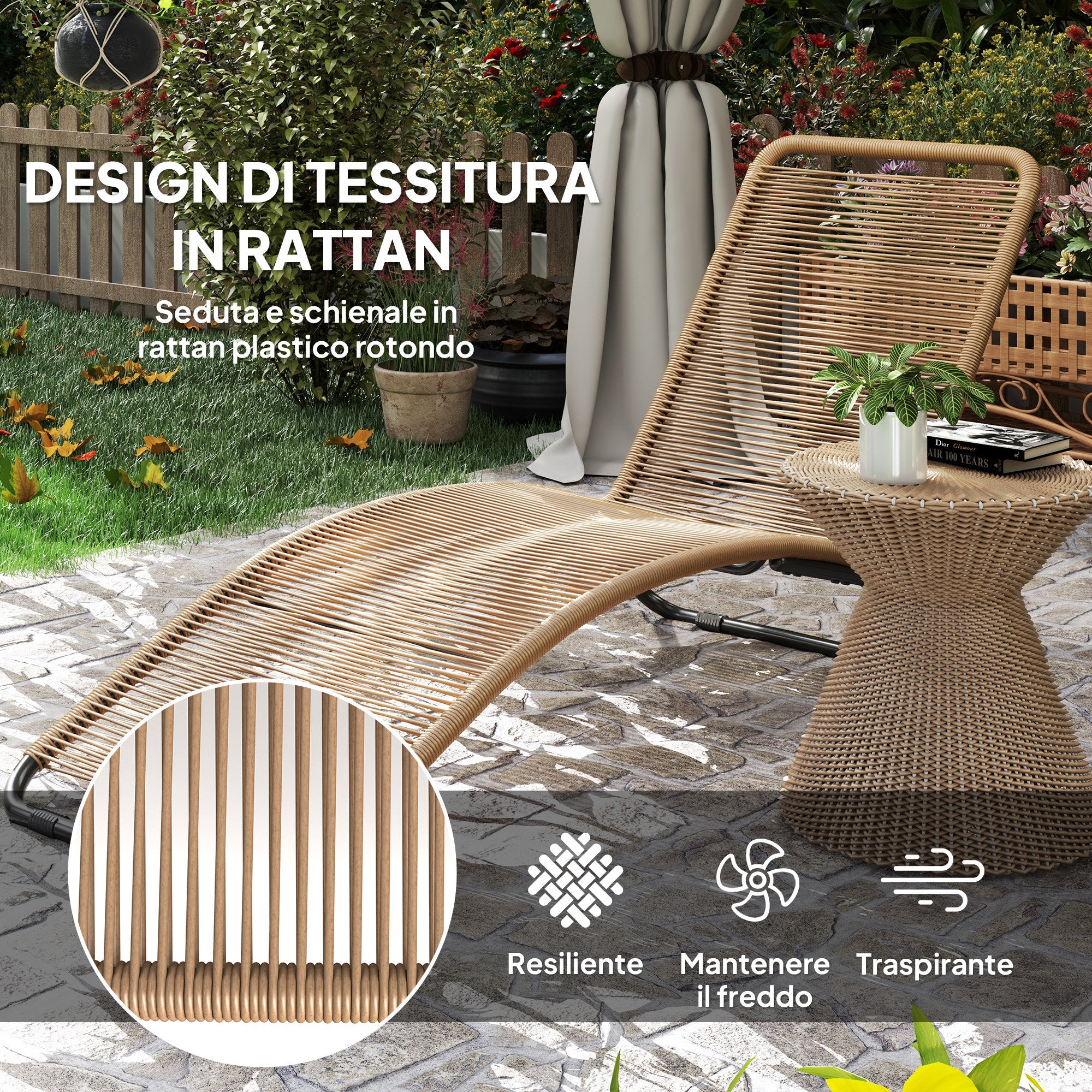 S-shaped Rattan PE and Steel Sun Lounger, Breathable Sun Loungers for Garden, Anti-UV, for Beach, Pool and Garden, 176x58x82 cm, Black and Wood Color