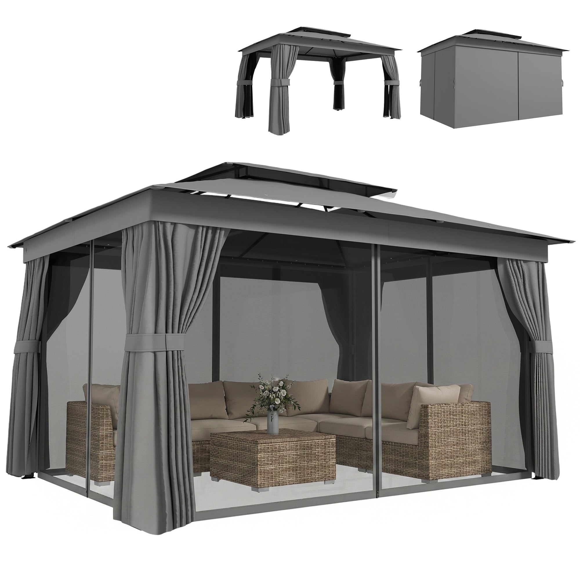 Gazebo 3.8 x 3 m — Water-Resistant, Stable, Weather-Resistant Garden Gazebo with Double Roof, Curtains & Mosquito Net, Party Tent with Hooks, Metal Frame, Dark Gray