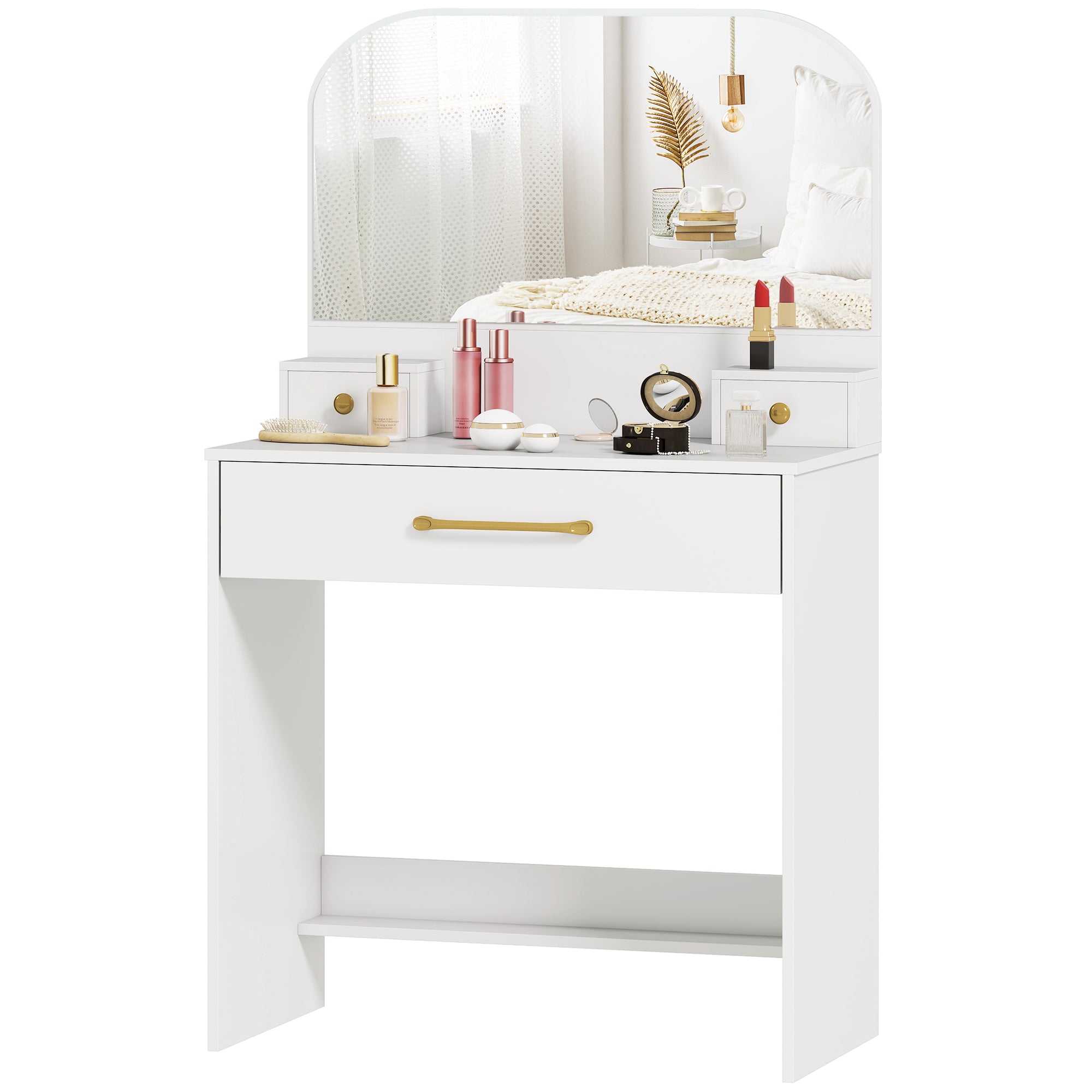 Curved-Mirror Vanity Table, 3-Drawer Makeup Desk for Small Spaces, White, 31.5 x 15.7 x 53.1 in