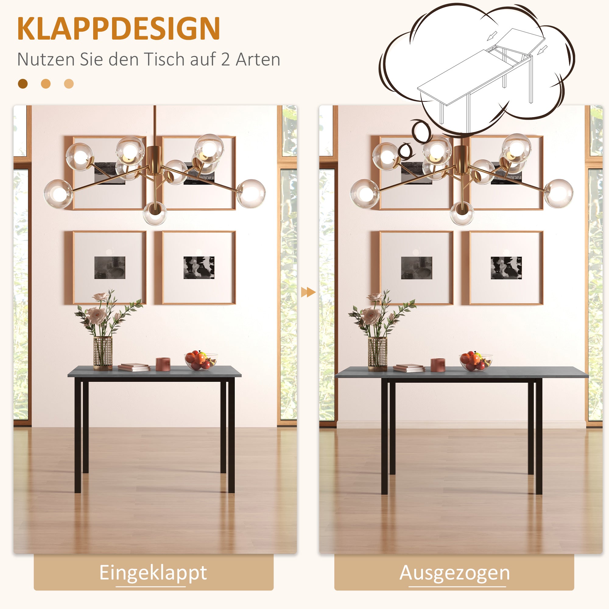 Expandable Dining Table, Kitchen Table for 6 People, Living Room Table for Dining Room, Kitchen, Steel, Dark Grey, 110-160 x 70 x 76 cm
