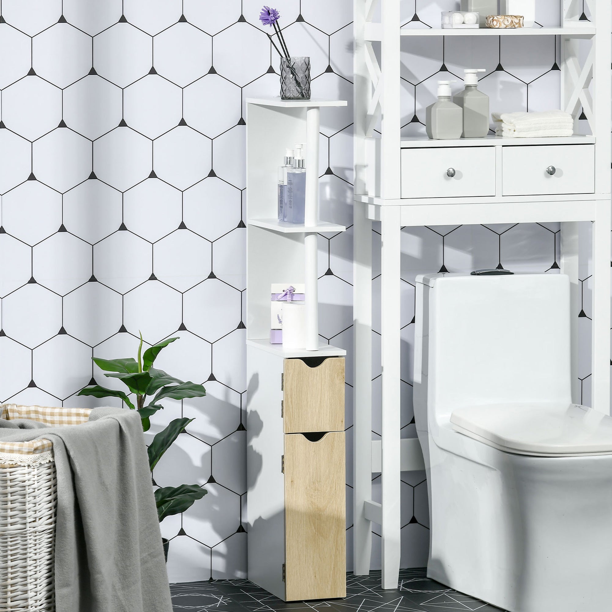 Bathroom Column with 2 Shelves and 2 Cabinets, Tall Bathroom Cabinet Space Saver in MDF, 15.2x29.8x118cm, Natural Wood