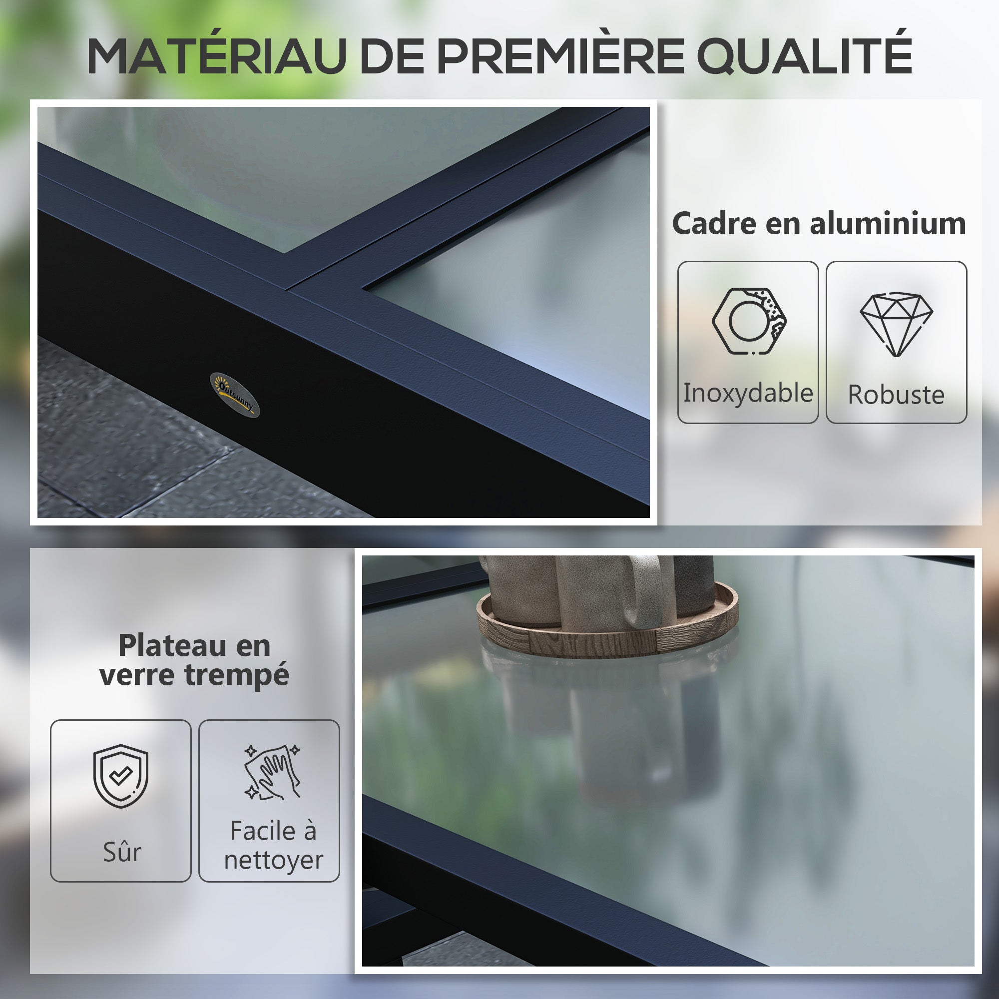 Large Size Extendable Garden Table unfolded dimensions 160L x 80W x 75H cm Dark Gray Aluminum Tempered Glass Top Transparent