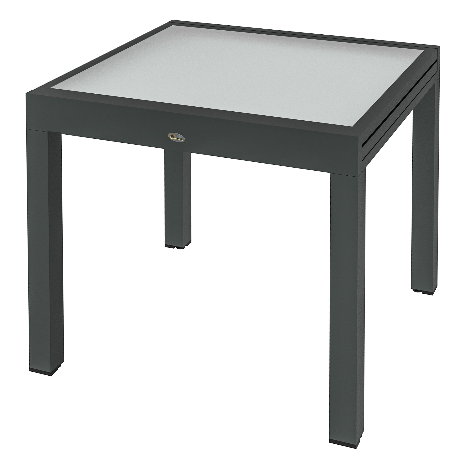 Large Size Extendable Garden Table unfolded dimensions 160L x 80W x 75H cm Dark Gray Aluminum Tempered Glass Top Transparent
