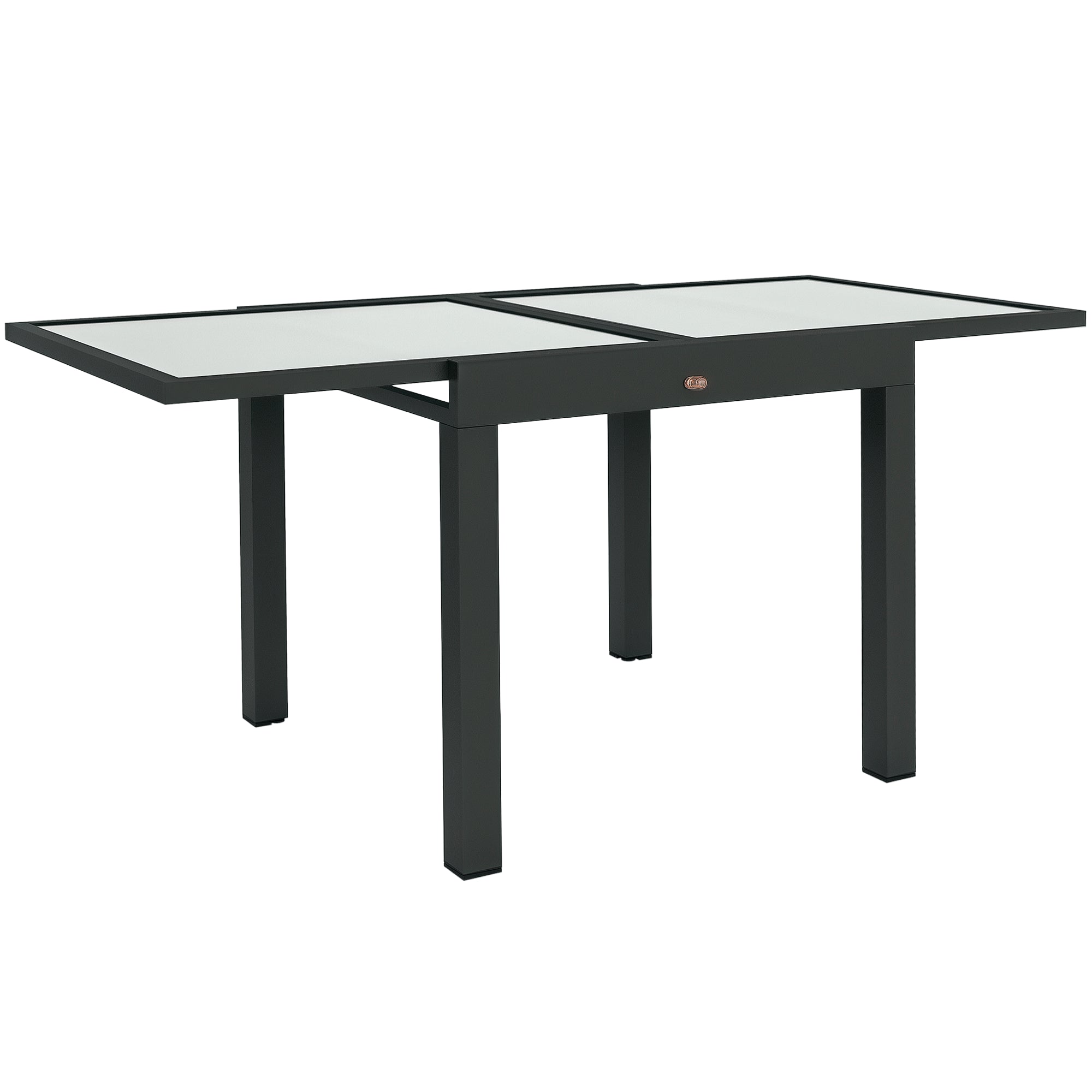 Large Size Extendable Garden Table unfolded dimensions 160L x 80W x 75H cm Dark Gray Aluminum Tempered Glass Top Transparent
