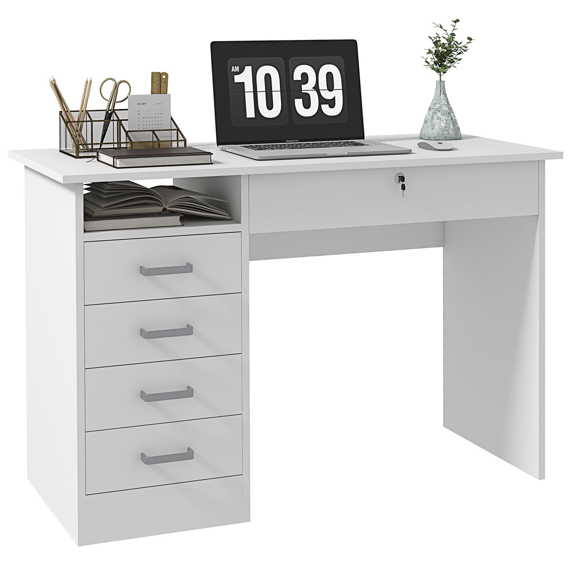 Modern Computer Desk with 5 Drawers, Large Tabletop, 1 Open Compartment, Lockable Drawer, 110x50x76 cm, White