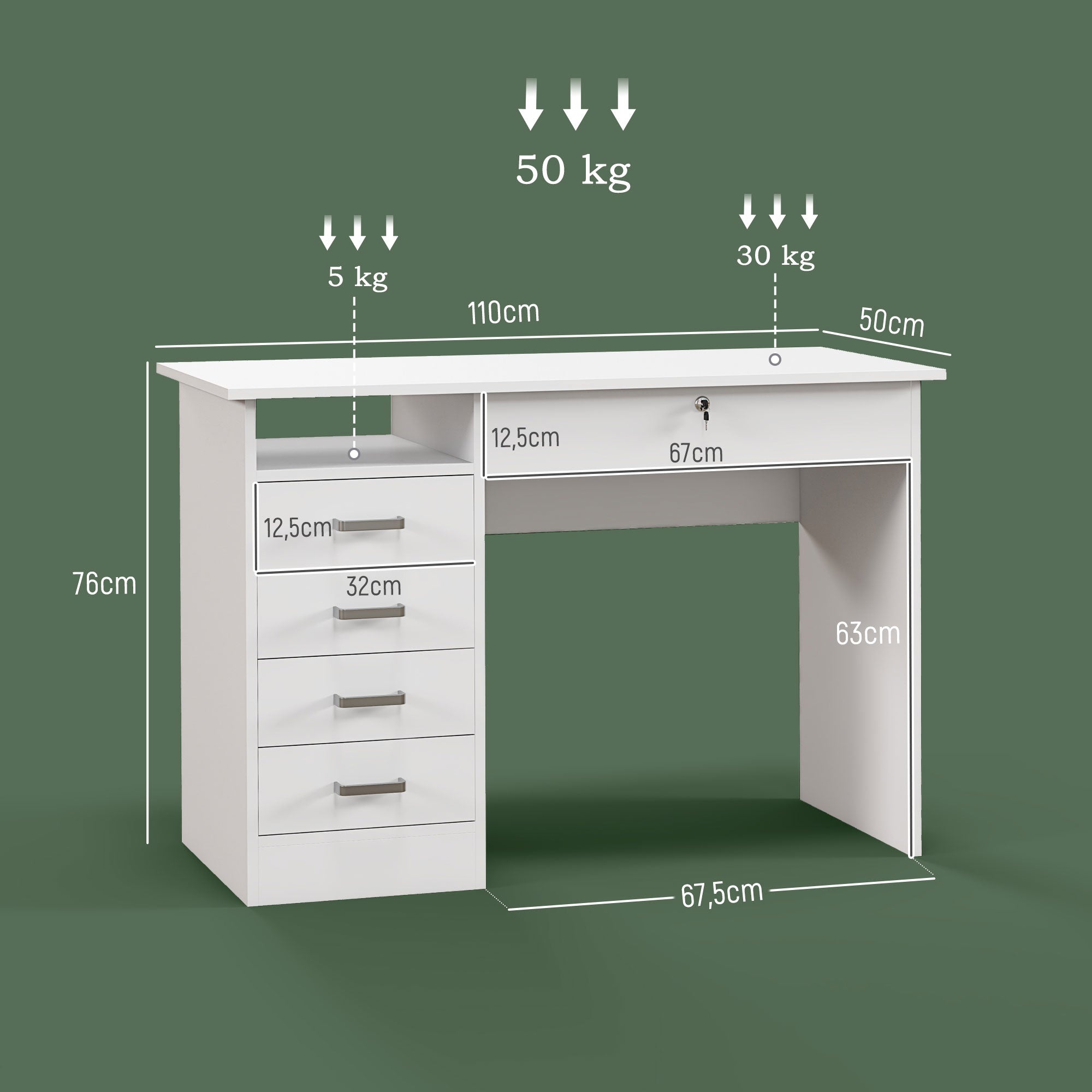 Modern Computer Desk with 5 Drawers, Large Tabletop, 1 Open Compartment, Lockable Drawer, 110x50x76 cm, White