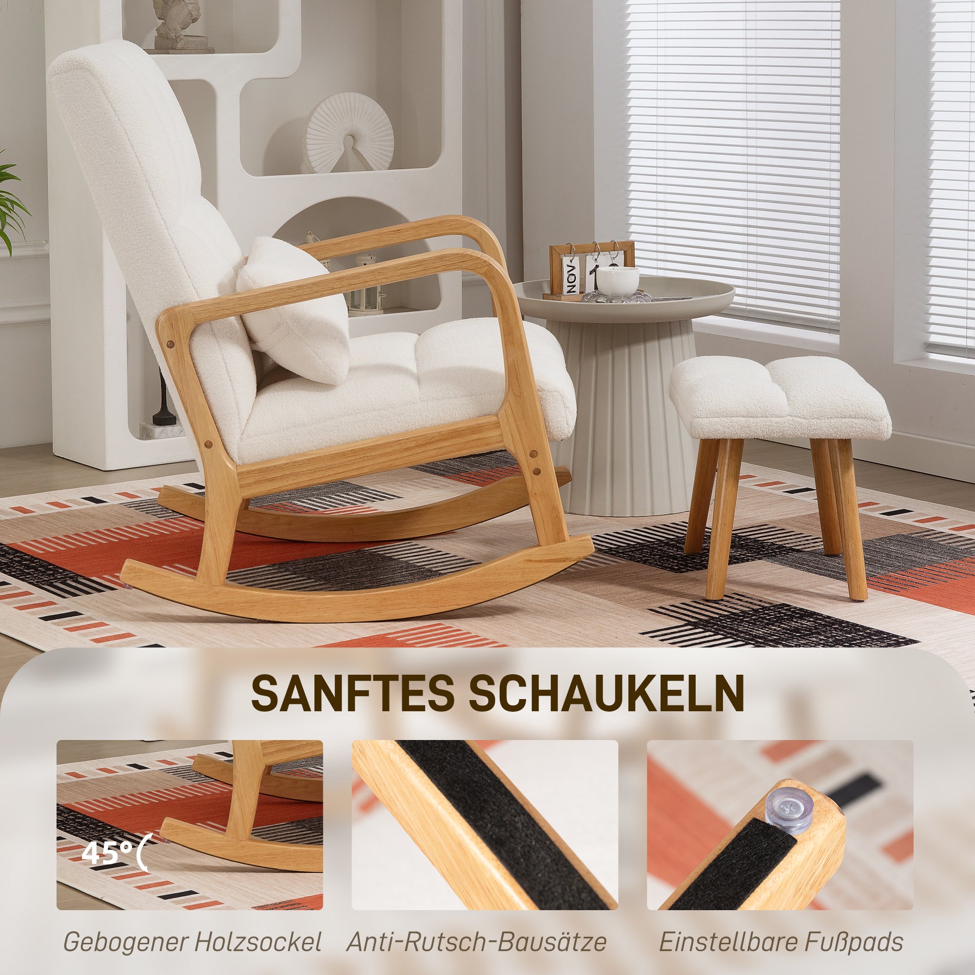 White Fleece Rocking Chair with Ottoman — Wide Seat, High Back, Wooden Rockers