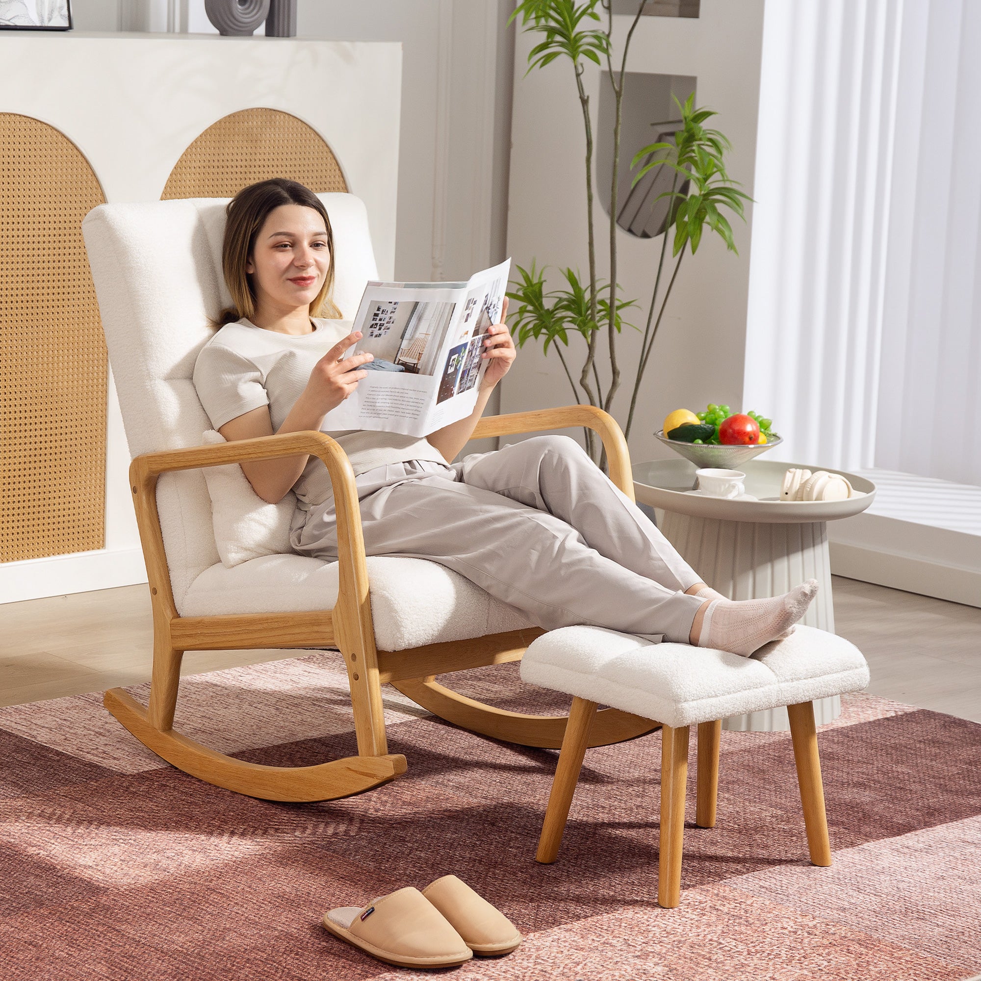 White Fleece Rocking Chair with Ottoman — Wide Seat, High Back, Wooden Rockers