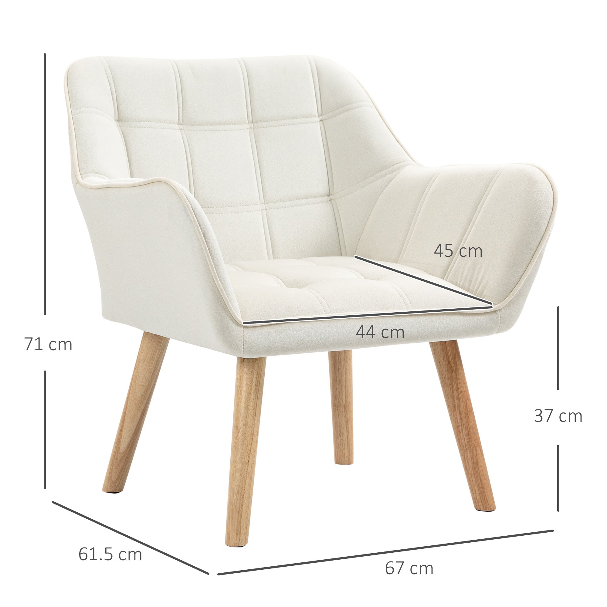 Scandinavian Design Armchair, Velvet and Wood Armchair, Cream Color, for Living Room or Office, 67x61.5x71cm