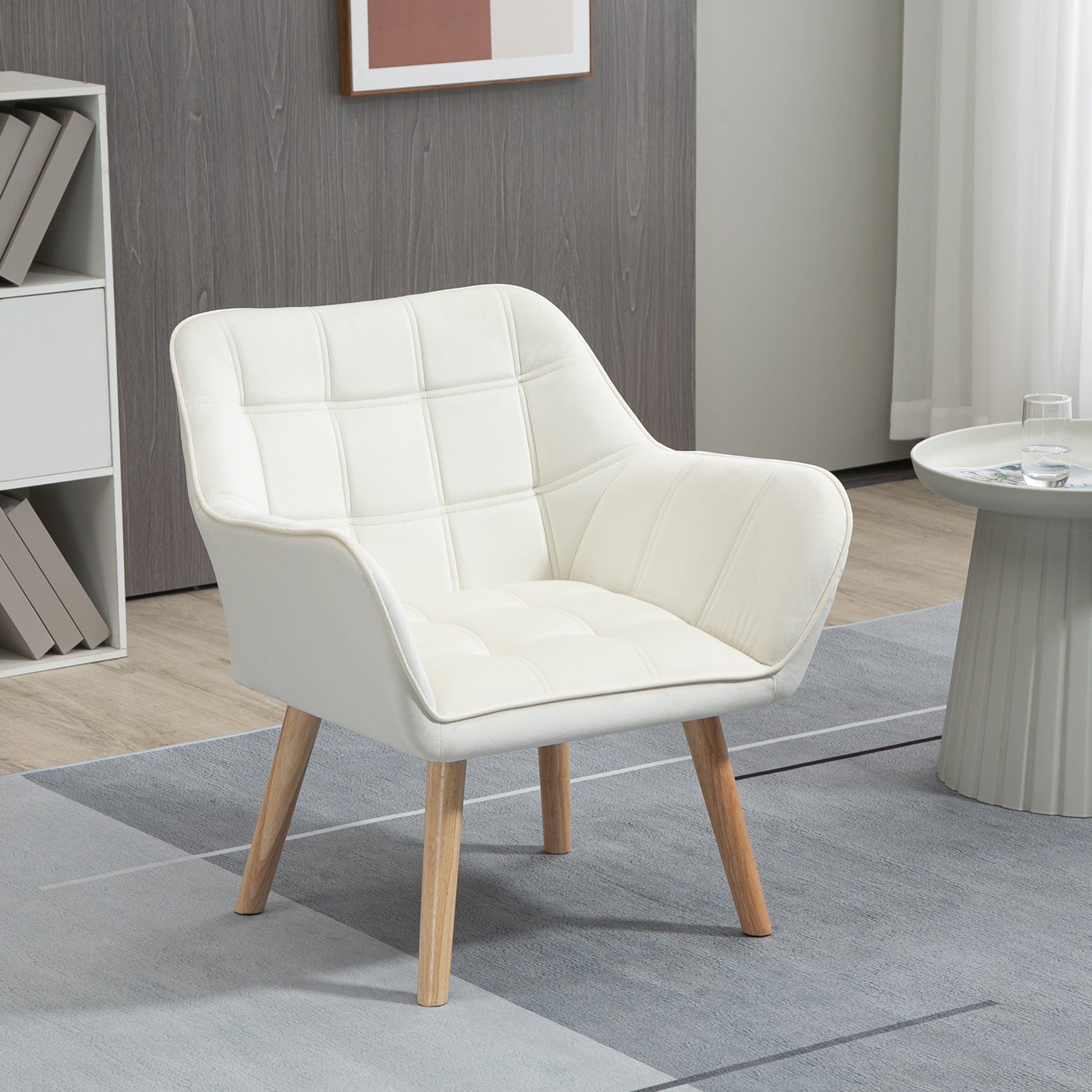 Scandinavian Design Armchair, Velvet and Wood Armchair, Cream Color, for Living Room or Office, 67x61.5x71cm