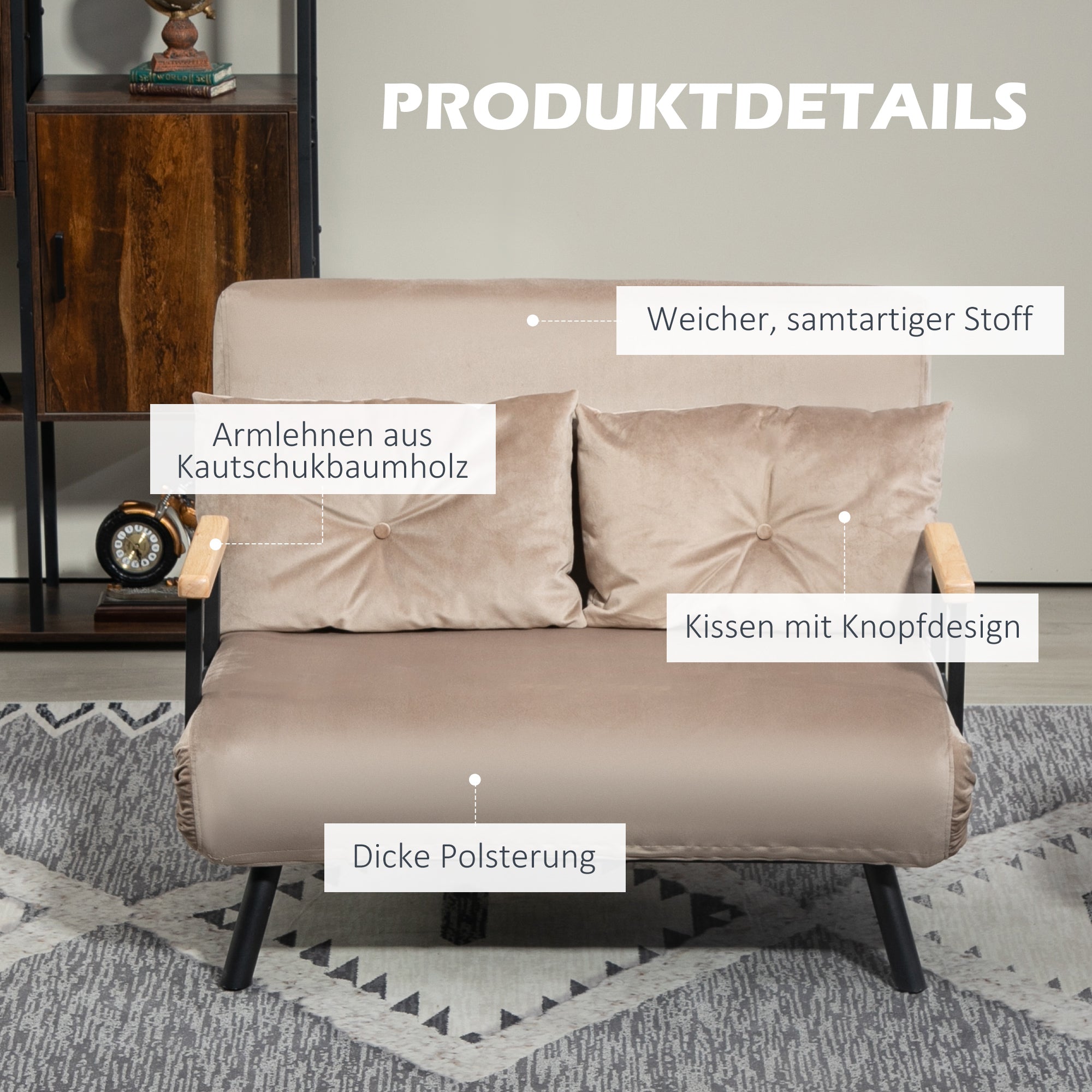 Sleeper Sofa, Folding Bed with Bed Function, Recliner Chair with Back Pillow, Upholstered Sofa with Adjustable Backrest, Velvet Look, 102 x 73 x 81 cm, Light Brown