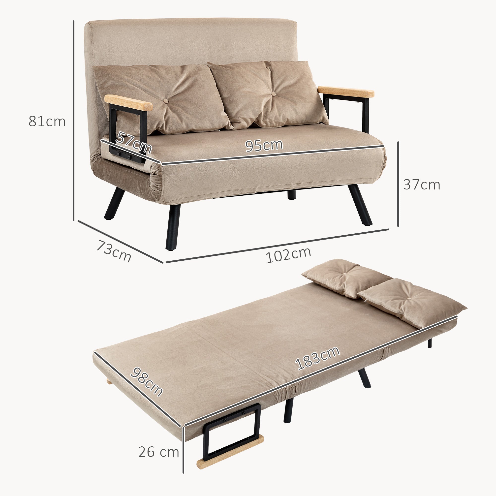 Sleeper Sofa, Folding Bed with Bed Function, Recliner Chair with Back Pillow, Upholstered Sofa with Adjustable Backrest, Velvet Look, 102 x 73 x 81 cm, Light Brown