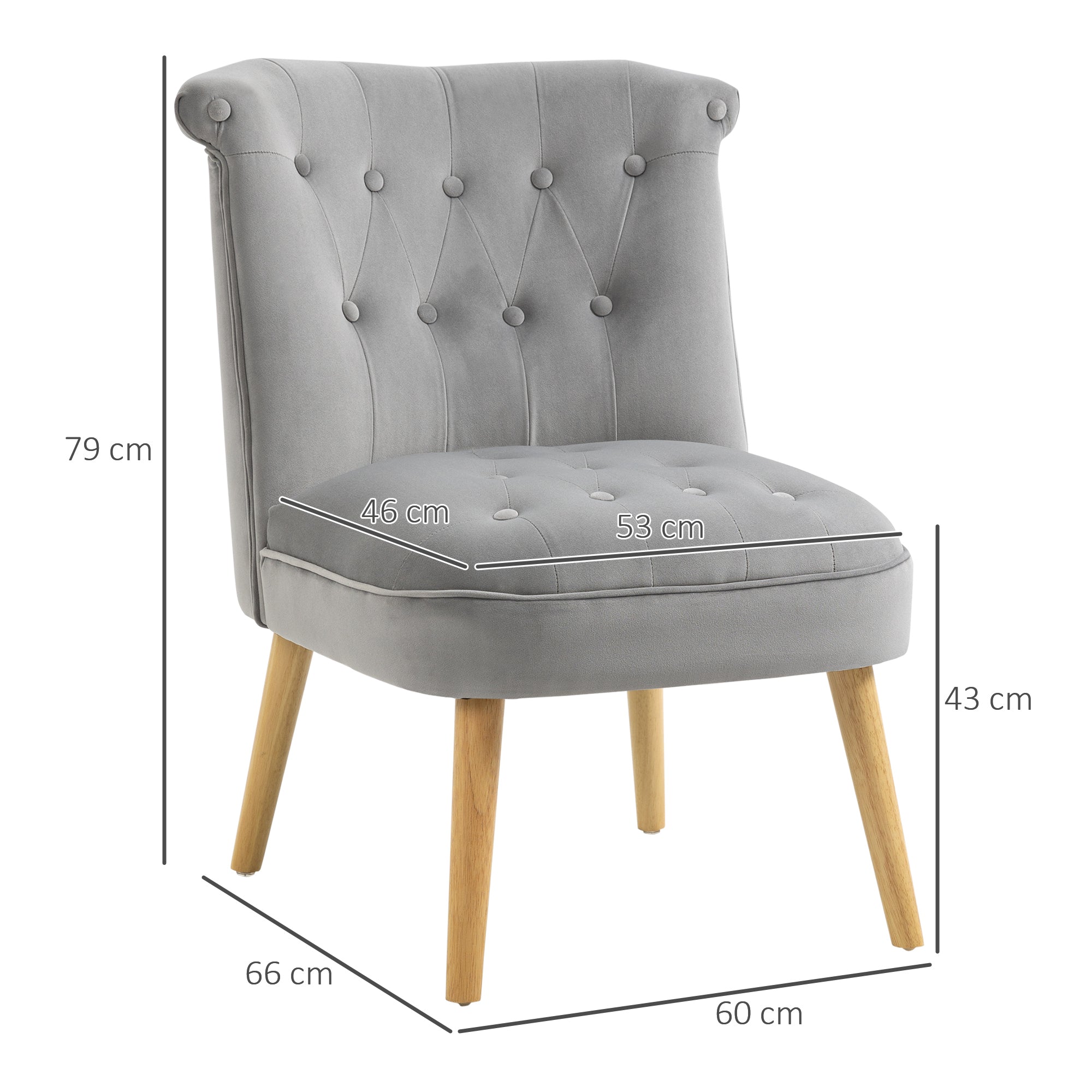 Upholstered Armchair for Living Room and Dining Room with Wooden Legs and Velvet Effect Fabric, 60x66x79 cm, Gray