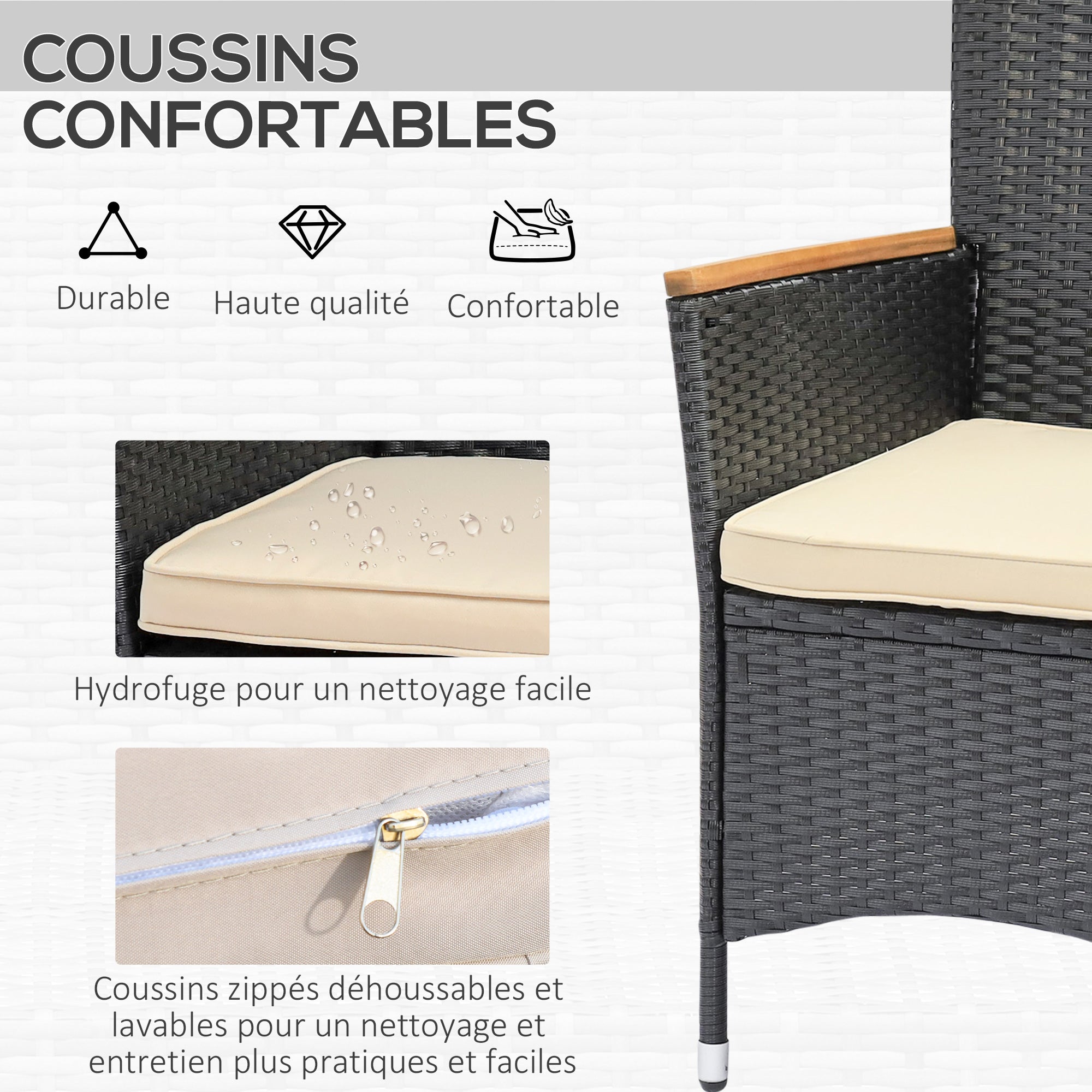 6-Person Garden Furniture Set Large Rectangular Dining Table + 6 Chairs & Washable Cushions Steel PE Resin Wicker Acacia Wood Black and Beige