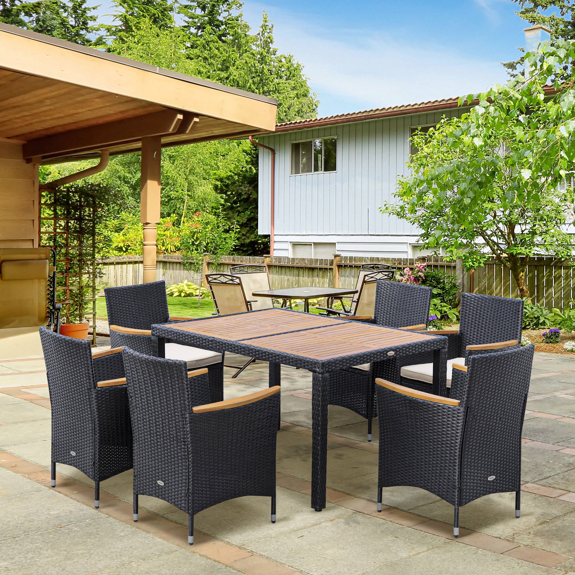 6-Person Garden Furniture Set Large Rectangular Dining Table + 6 Chairs & Washable Cushions Steel PE Resin Wicker Acacia Wood Black and Beige