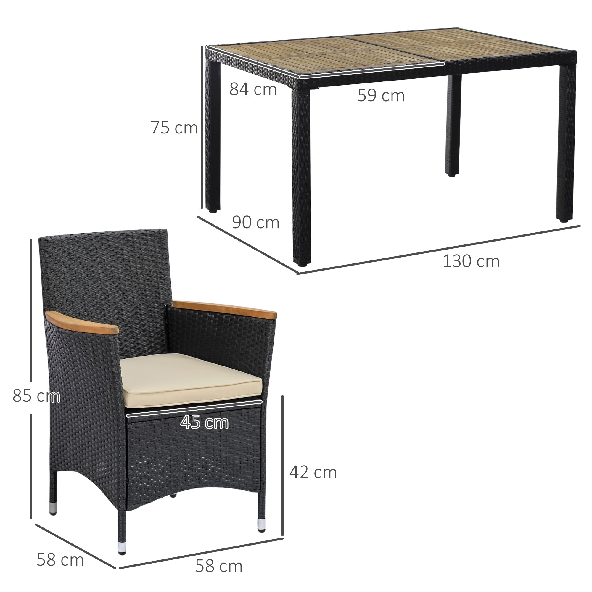 6-Person Garden Furniture Set Large Rectangular Dining Table + 6 Chairs & Washable Cushions Steel PE Resin Wicker Acacia Wood Black and Beige