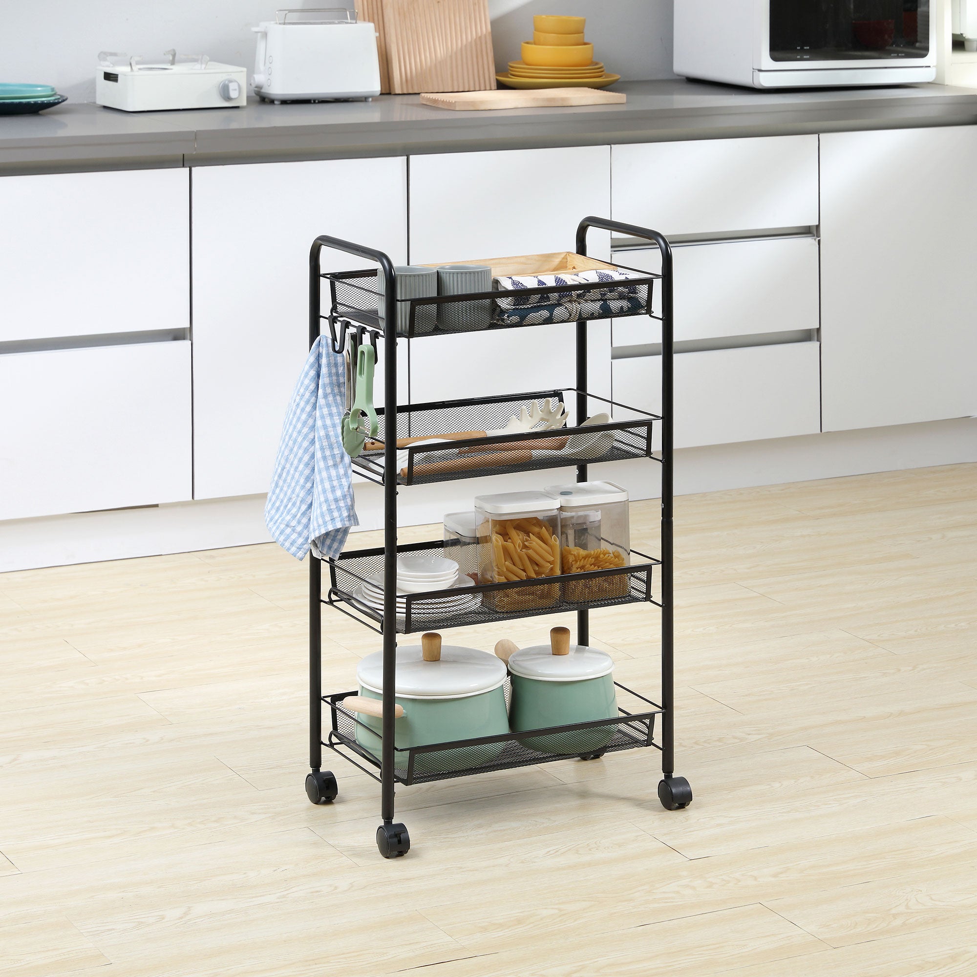 Serving Cart with 4 Levels Kitchen Cart with Detachable Basket Hooks Handle Roll Cart with Utility Cart Kitchen Shelf with Wheels for Kitchen Office Bathroom, Steel, Black