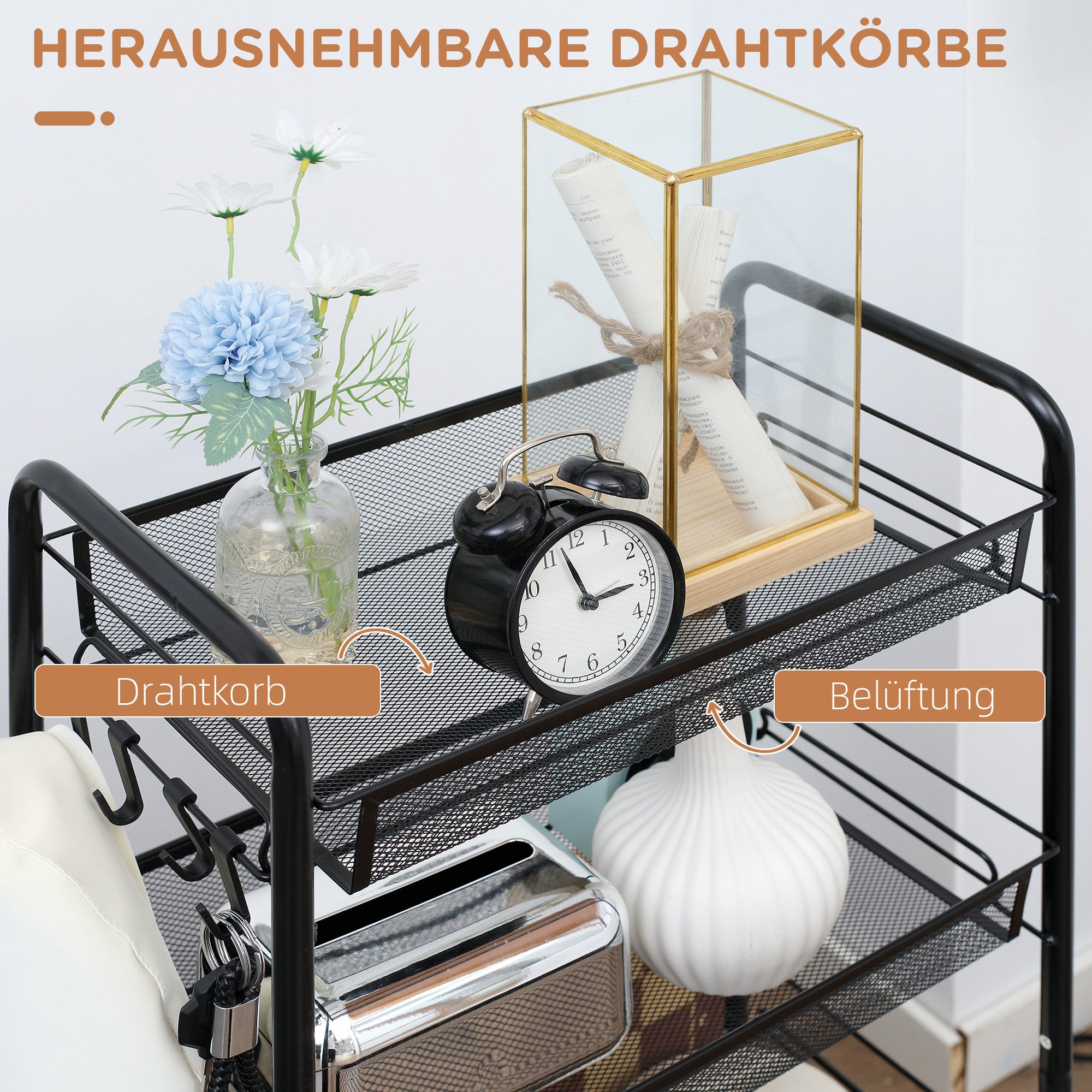 Serving Cart with 4 Levels Kitchen Cart with Detachable Basket Hooks Handle Roll Cart with Utility Cart Kitchen Shelf with Wheels for Kitchen Office Bathroom, Steel, Black