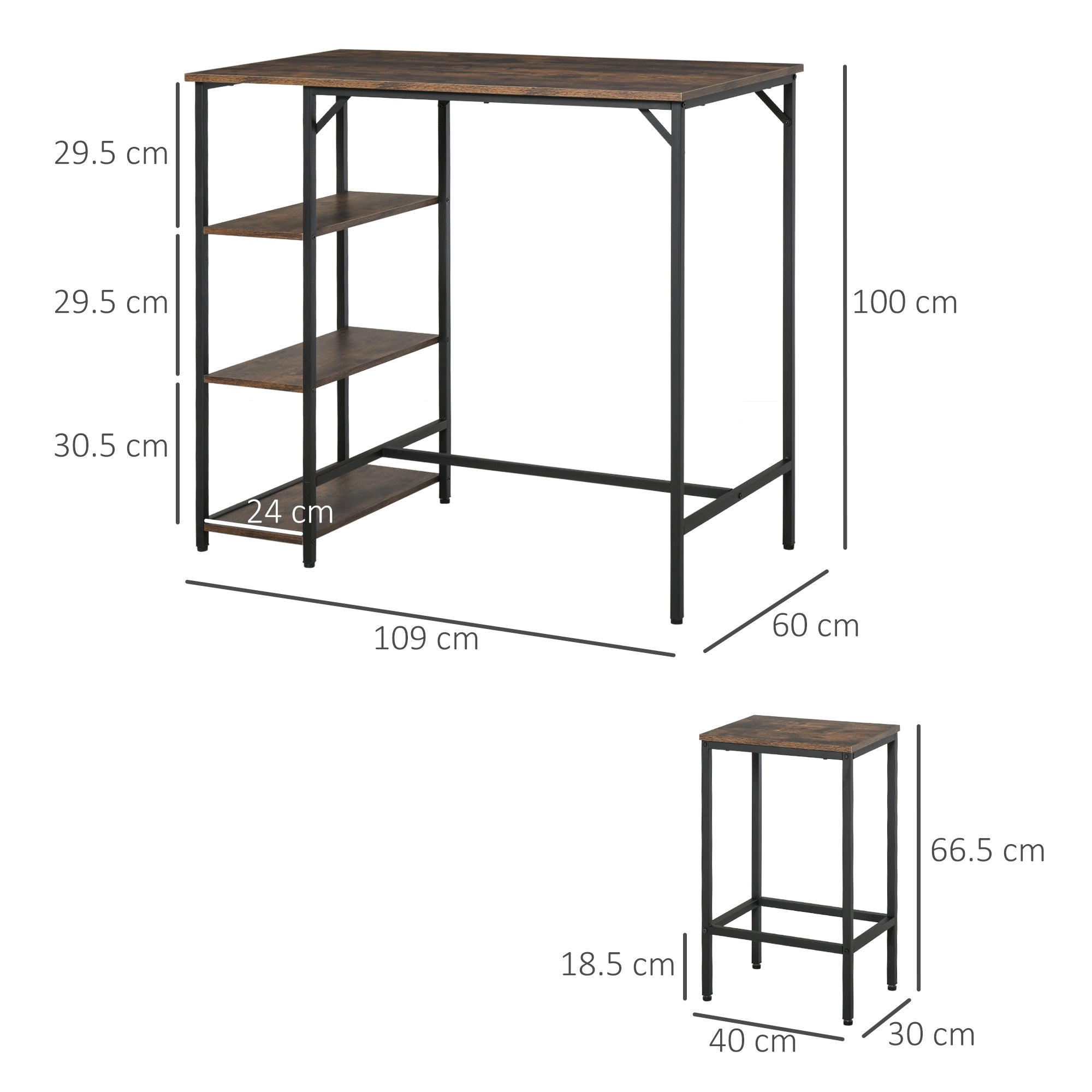Bar Table and 2 Stools Set with Footrest and 3-Level Shelves Adjustable Pads for Kitchen Dining Room 109x60x100 cm Rustic Brown