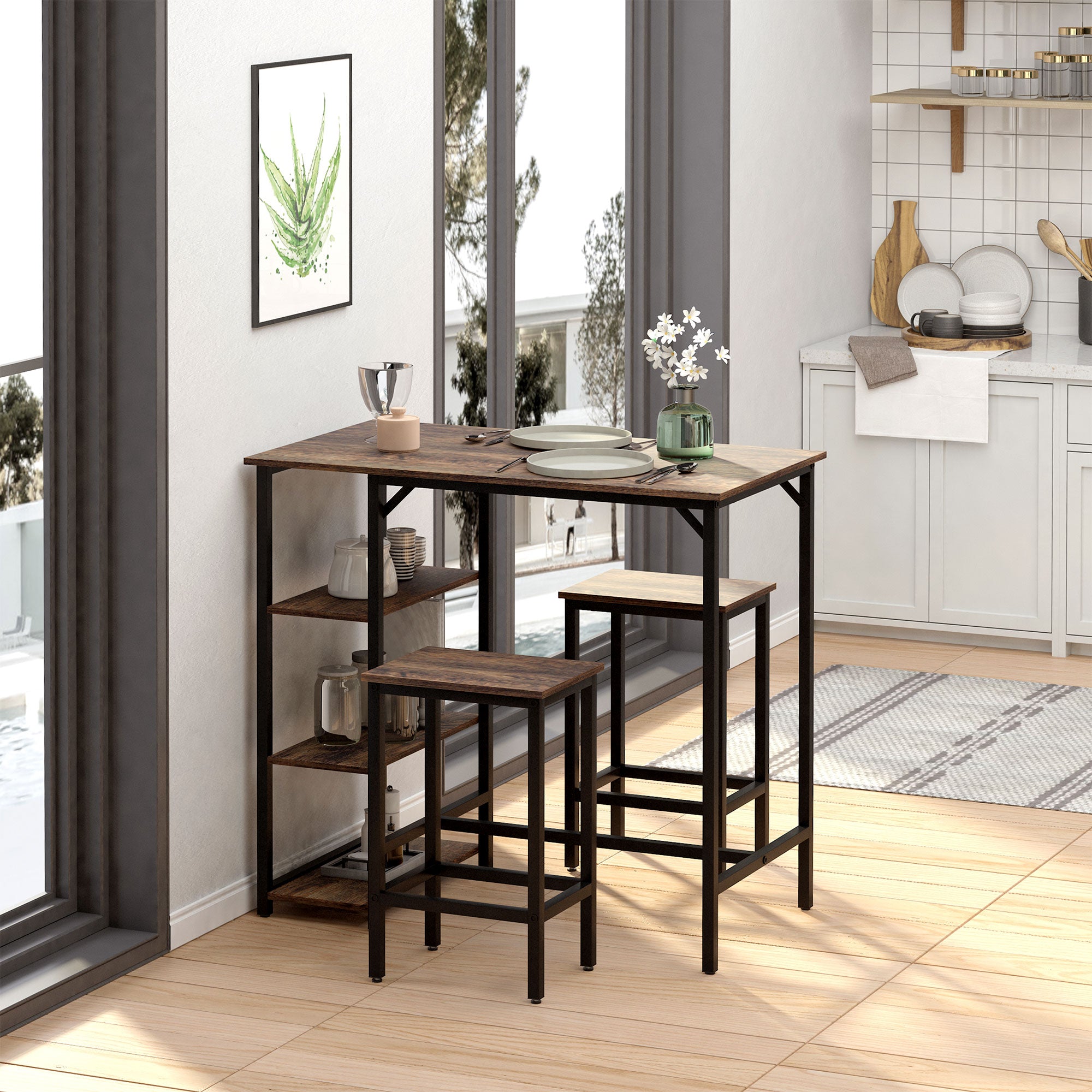 Bar Table and 2 Stools Set with Footrest and 3-Level Shelves Adjustable Pads for Kitchen Dining Room 109x60x100 cm Rustic Brown