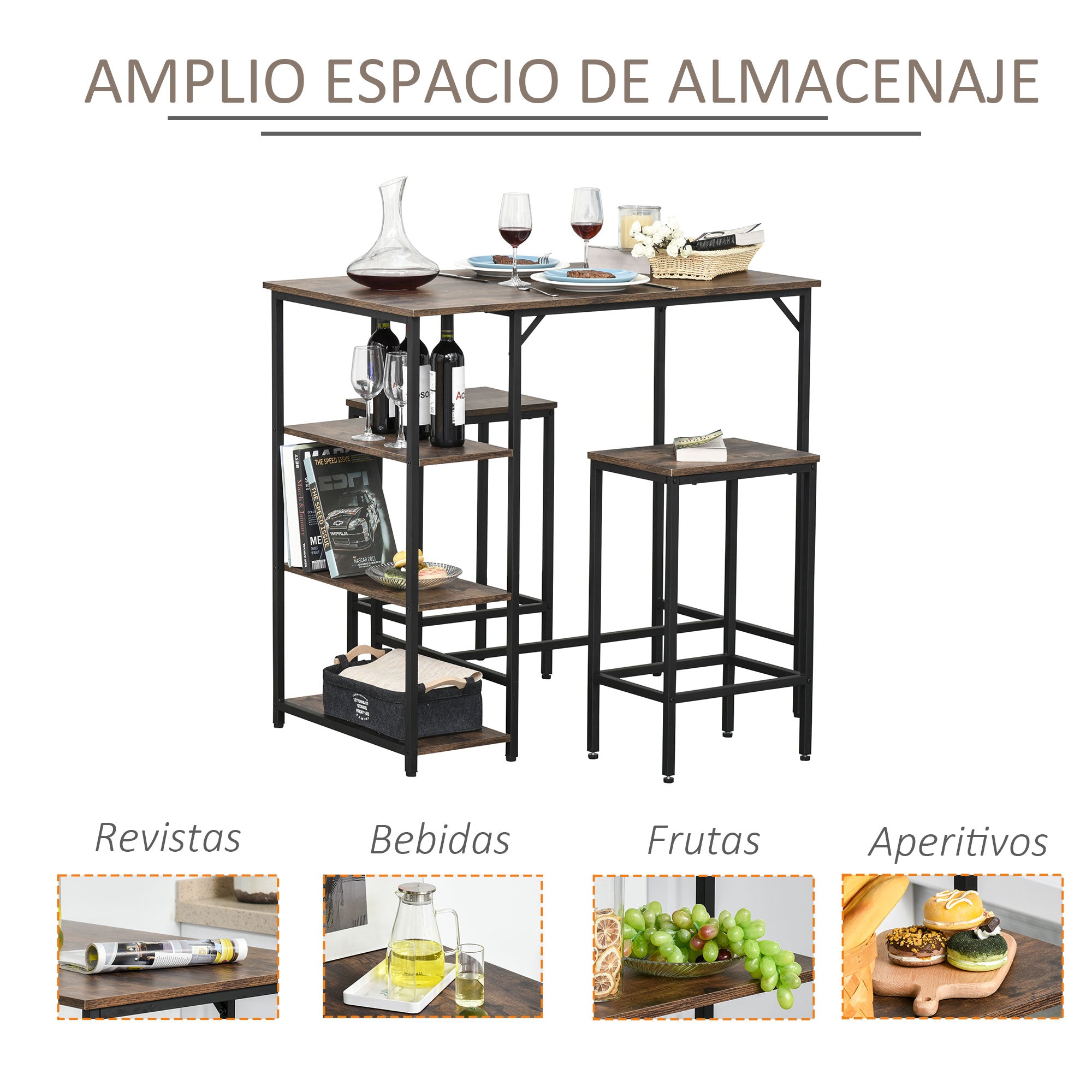 Bar Table and 2 Stools Set with Footrest and 3-Level Shelves Adjustable Pads for Kitchen Dining Room 109x60x100 cm Rustic Brown
